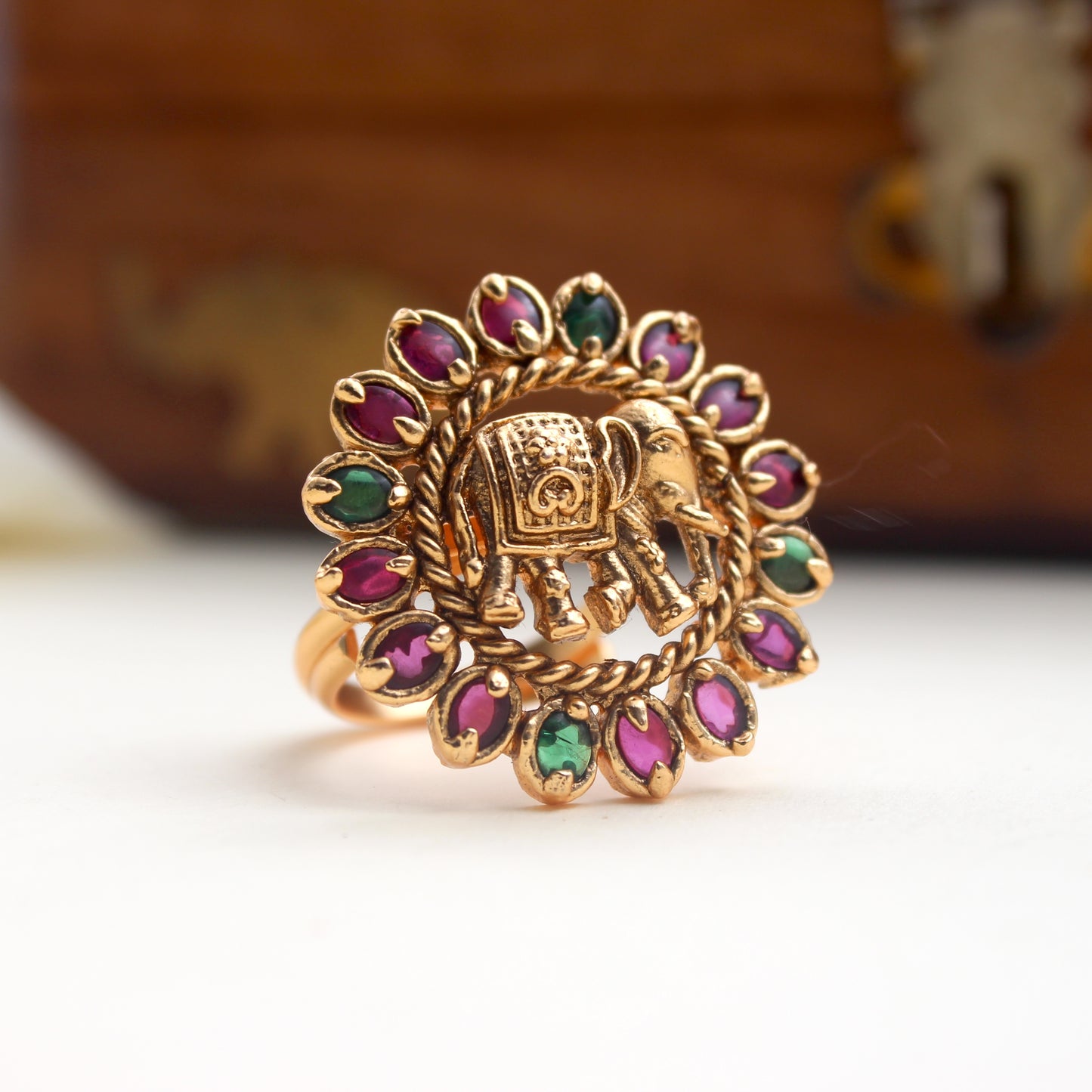 Antique Gold Kemp Elephant Adjustable Bridal Finger Ring