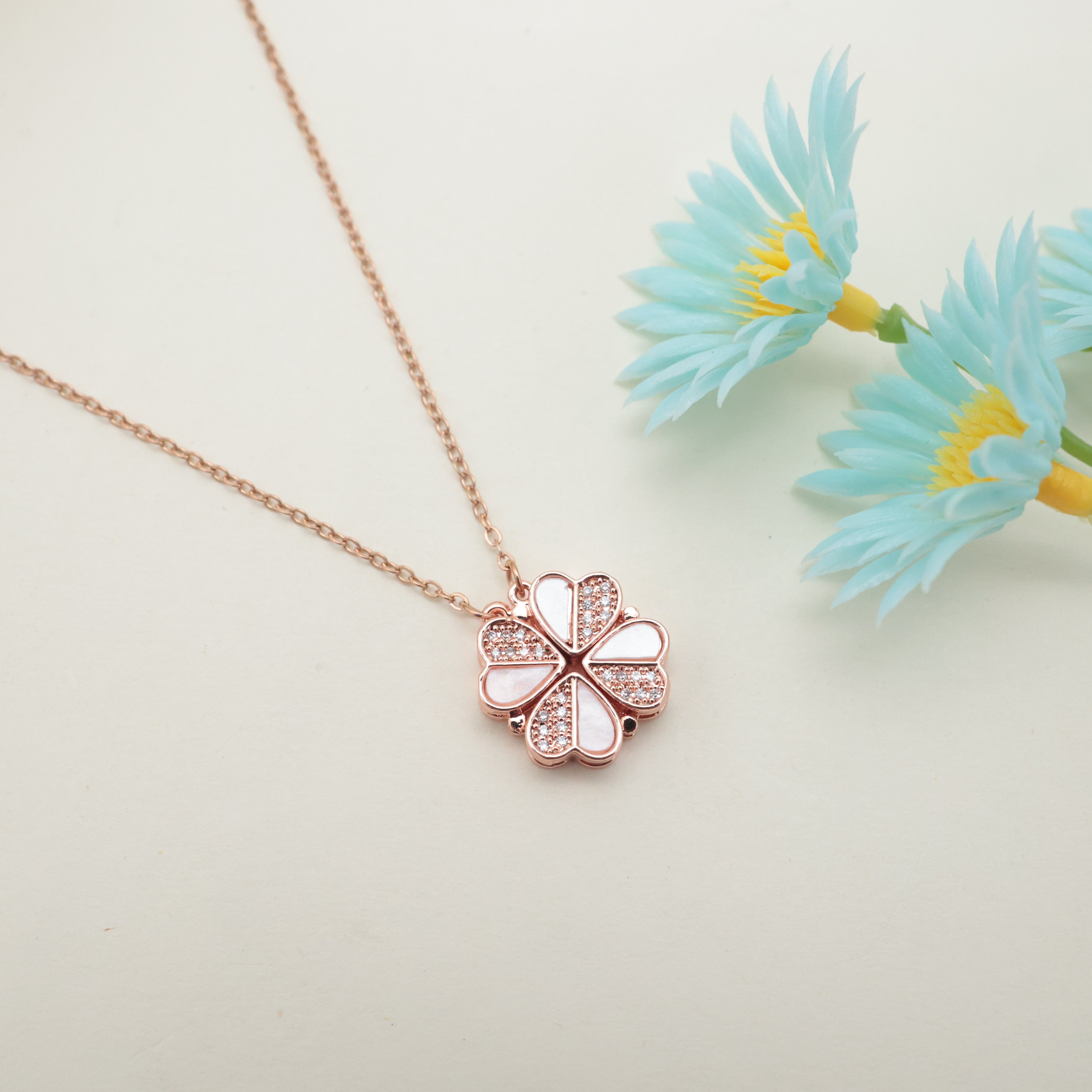 ROSE GOLD TONE ANTI TARNISH SHORT CHAIN - TWO IN ONE MAGNETIC HALF HALF HEARTS