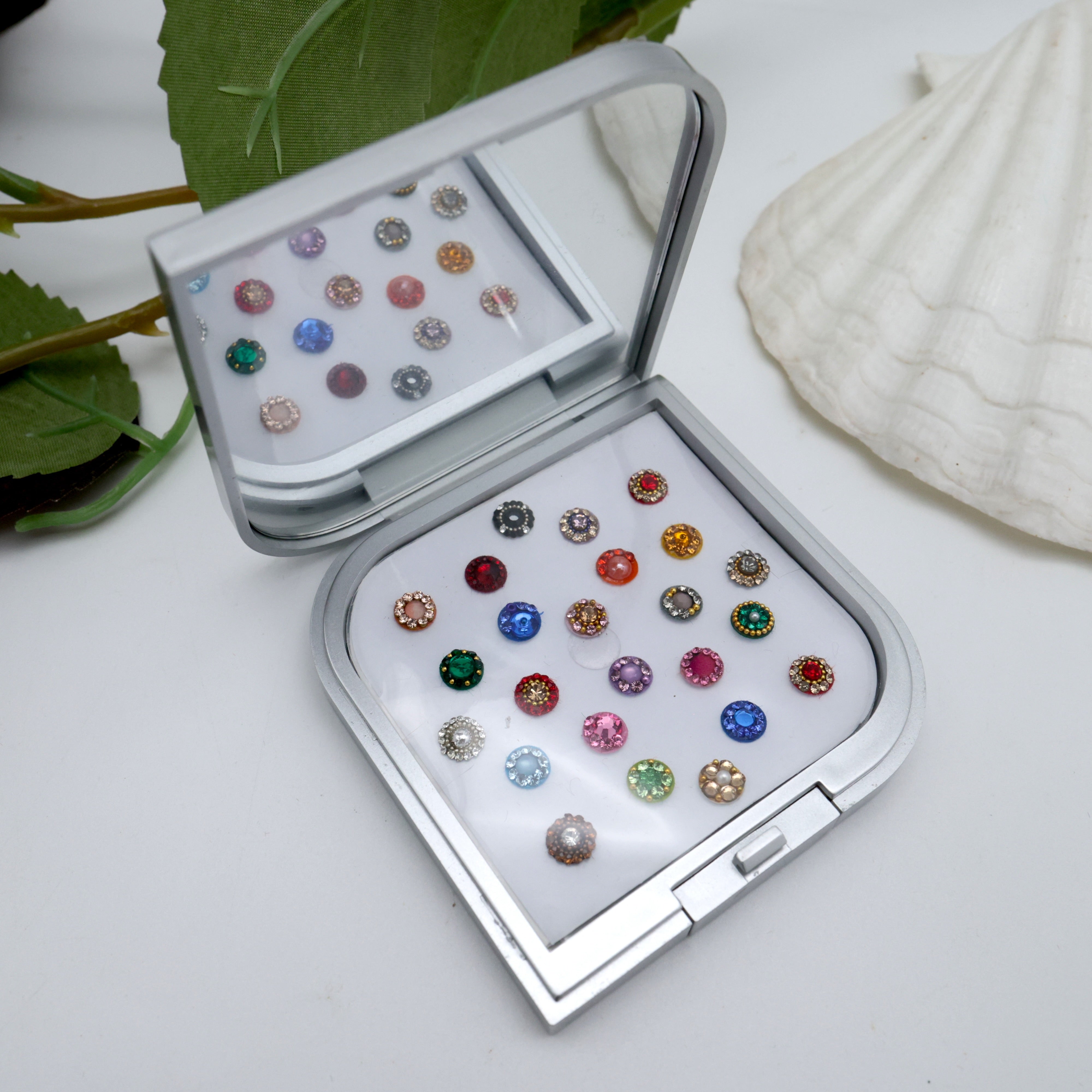 Premium Stone Work Fancy Round Bindi Box With Mirror