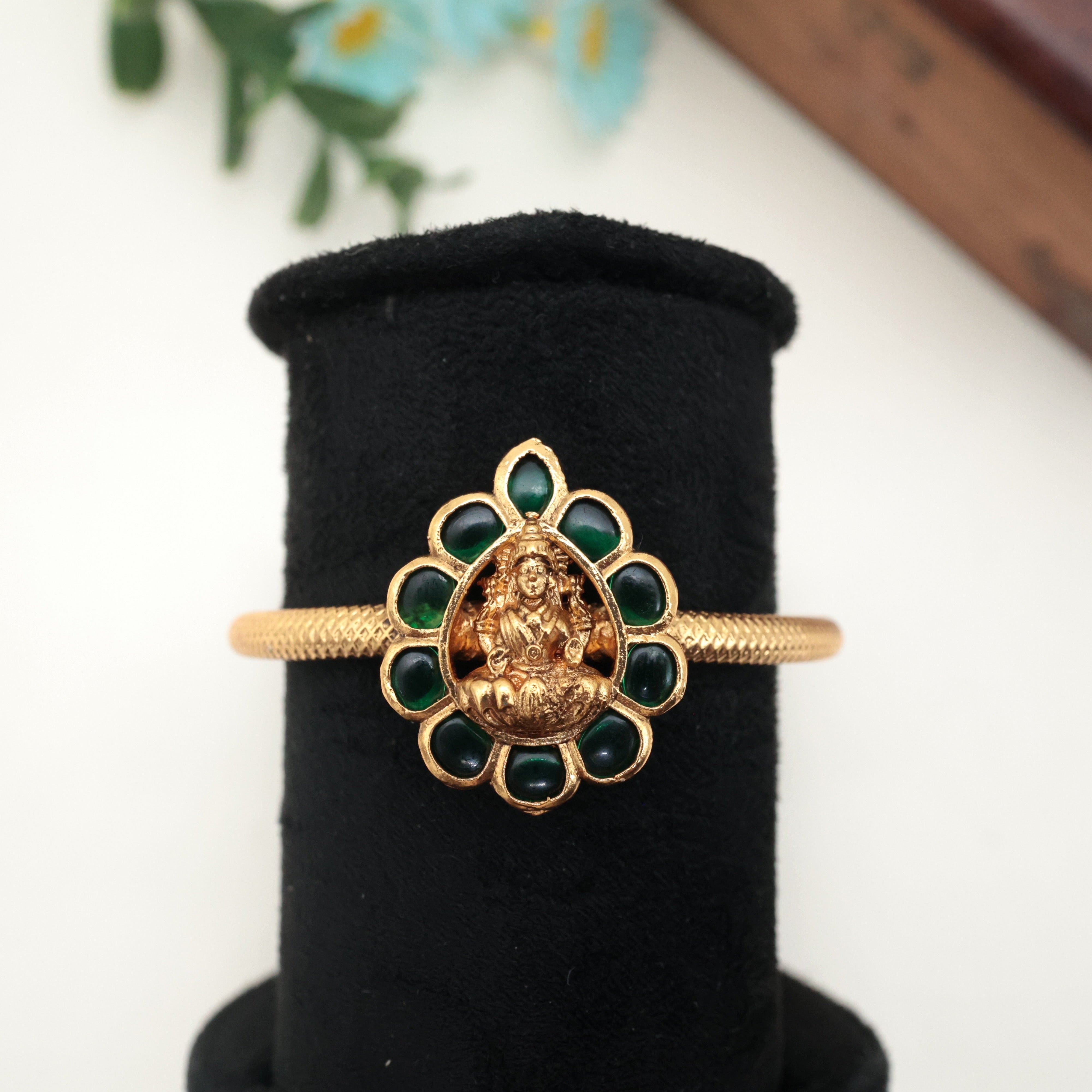 Antique Gold Lakshmi Flower Adjustable Kada - Green