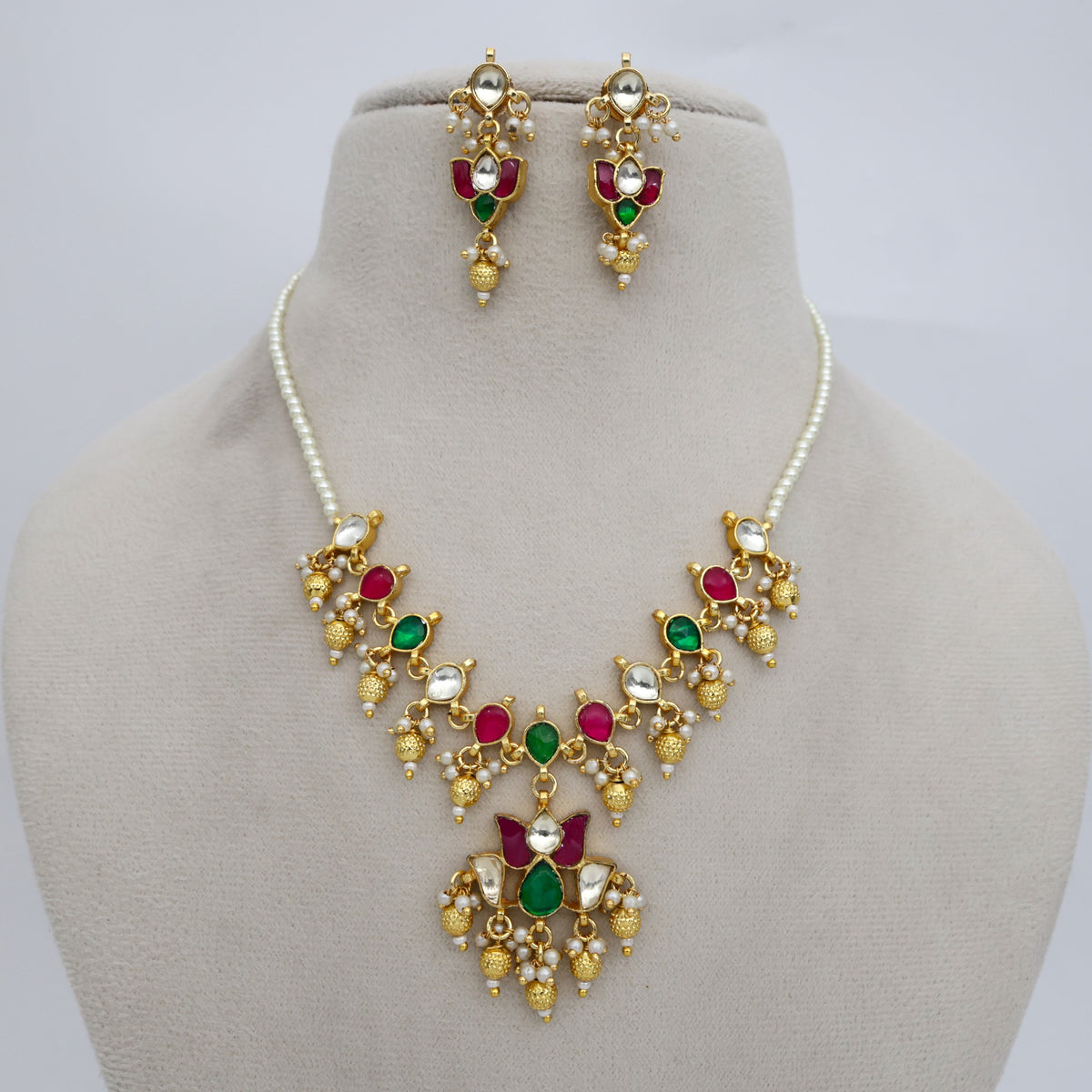 Premium Pachi Kundan Pearl Line Lotus Necklace Set
