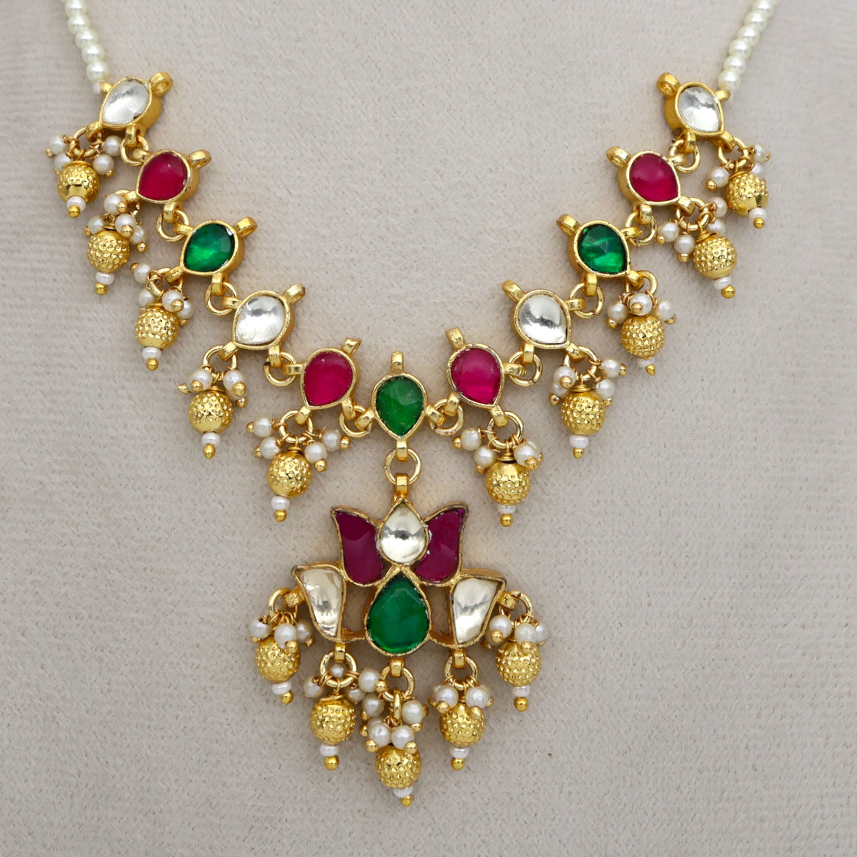 Premium Pachi Kundan Pearl Line Lotus Necklace Set