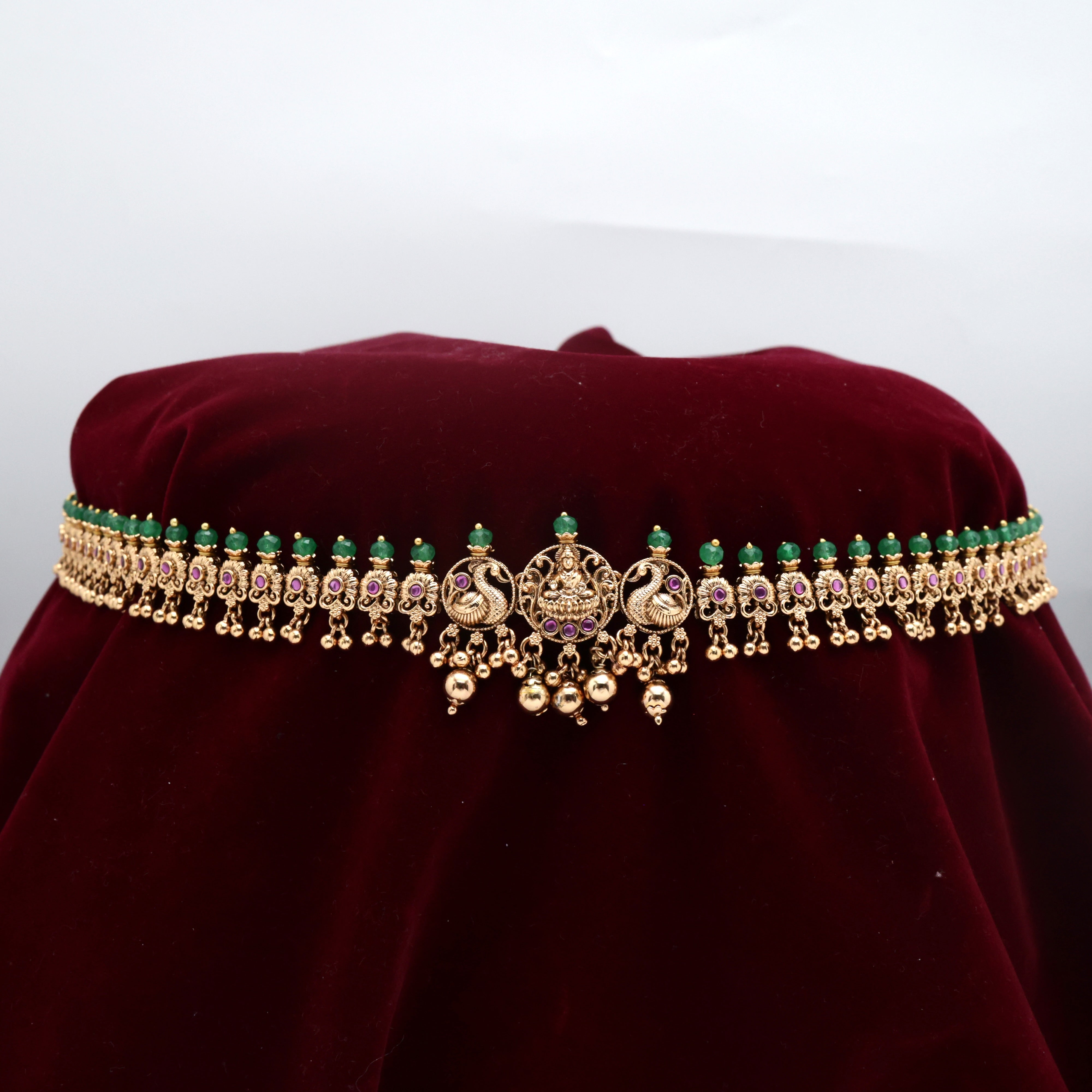 Gold Look Antique Mahalakshmi Devi Kemp Flower Bridal Hip Chain