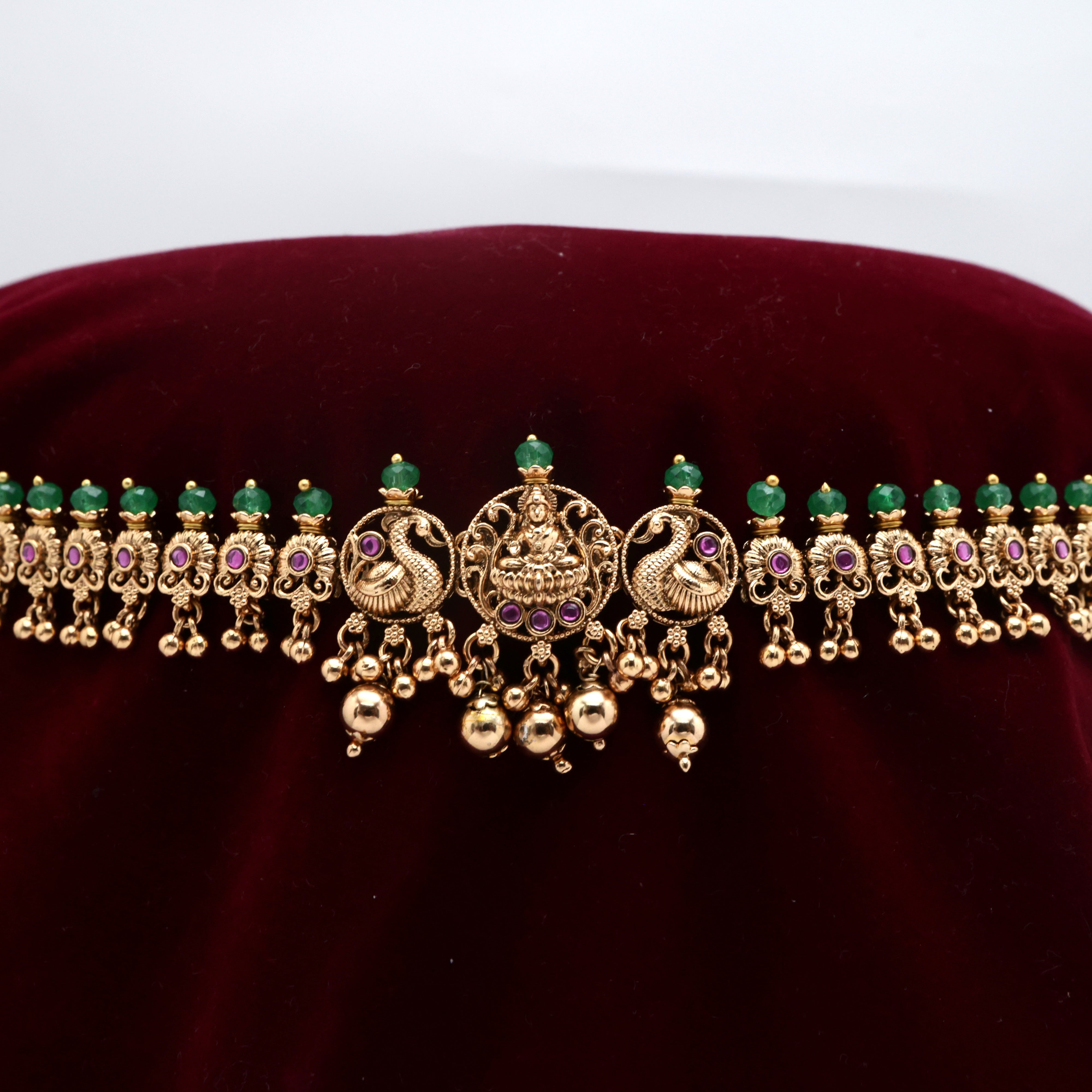 Gold Look Antique Mahalakshmi Devi Kemp Flower Bridal Hip Chain