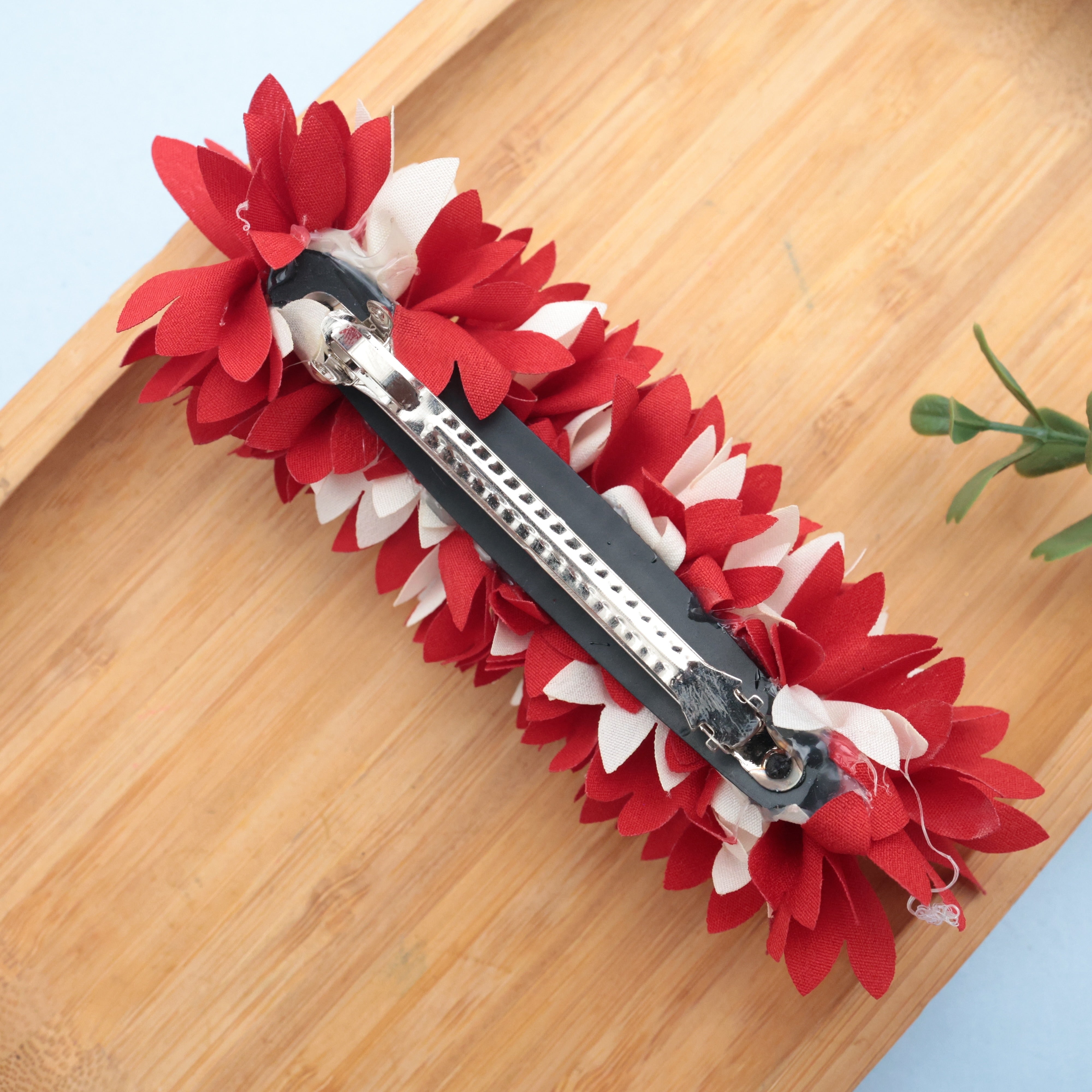 Handmade Pichi Poo Big Size French Barrette Hair Clip For Women - Red & White