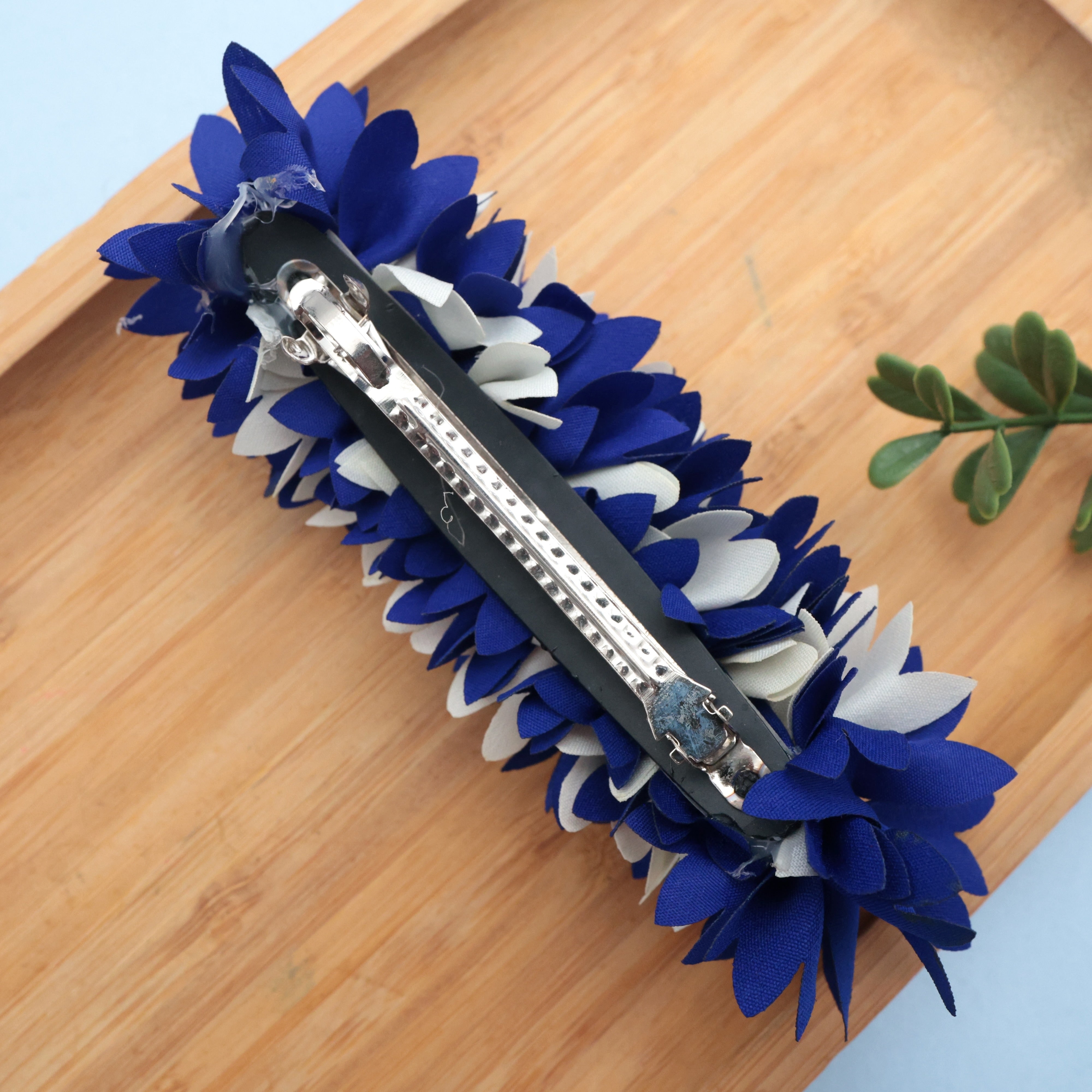 Handmade Pichi Poo Big Size French Barrette Hair Clip For Women - Blue & White