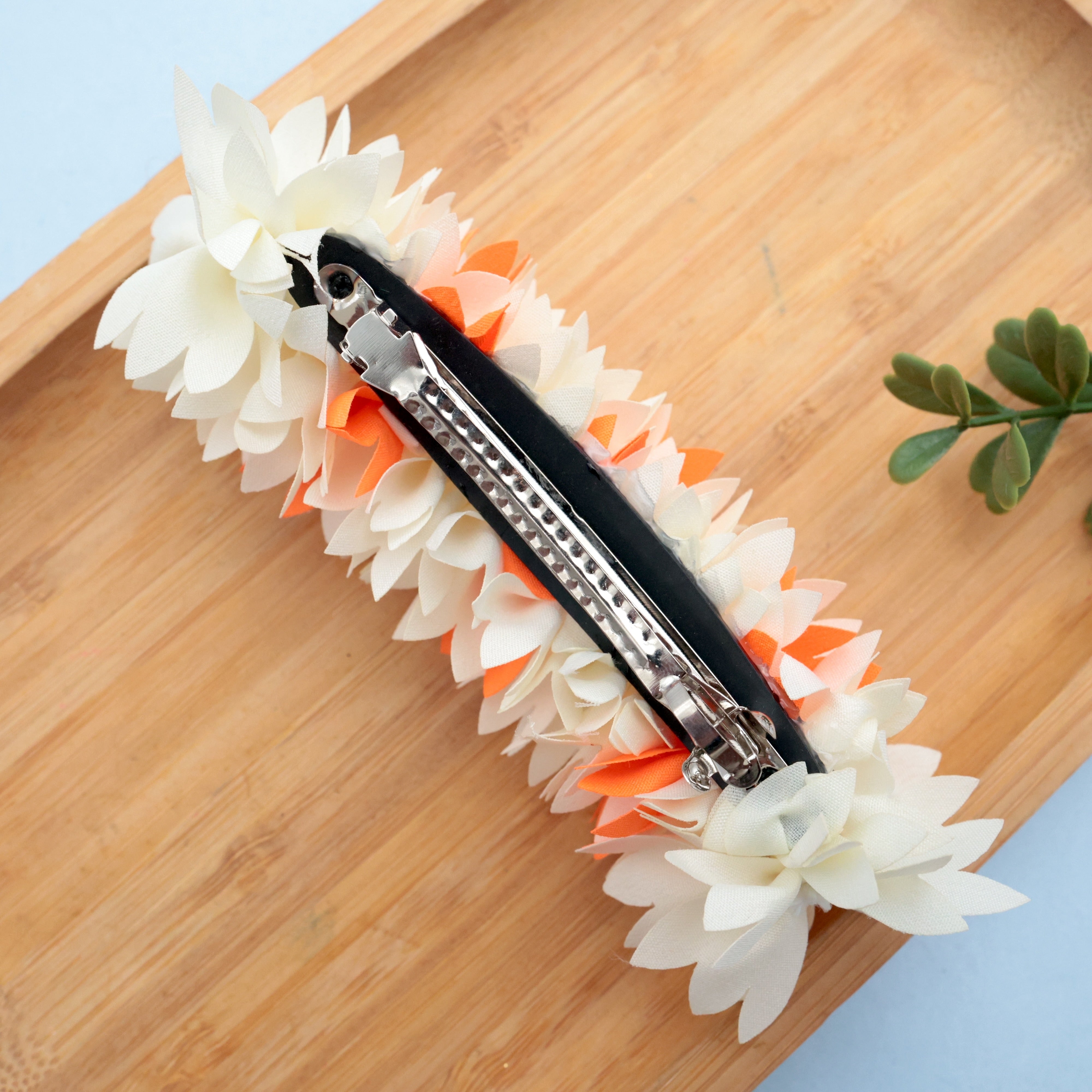 Handmade Pichi Poo Big Size French Barrette Hair Clip For Women - White & Orange