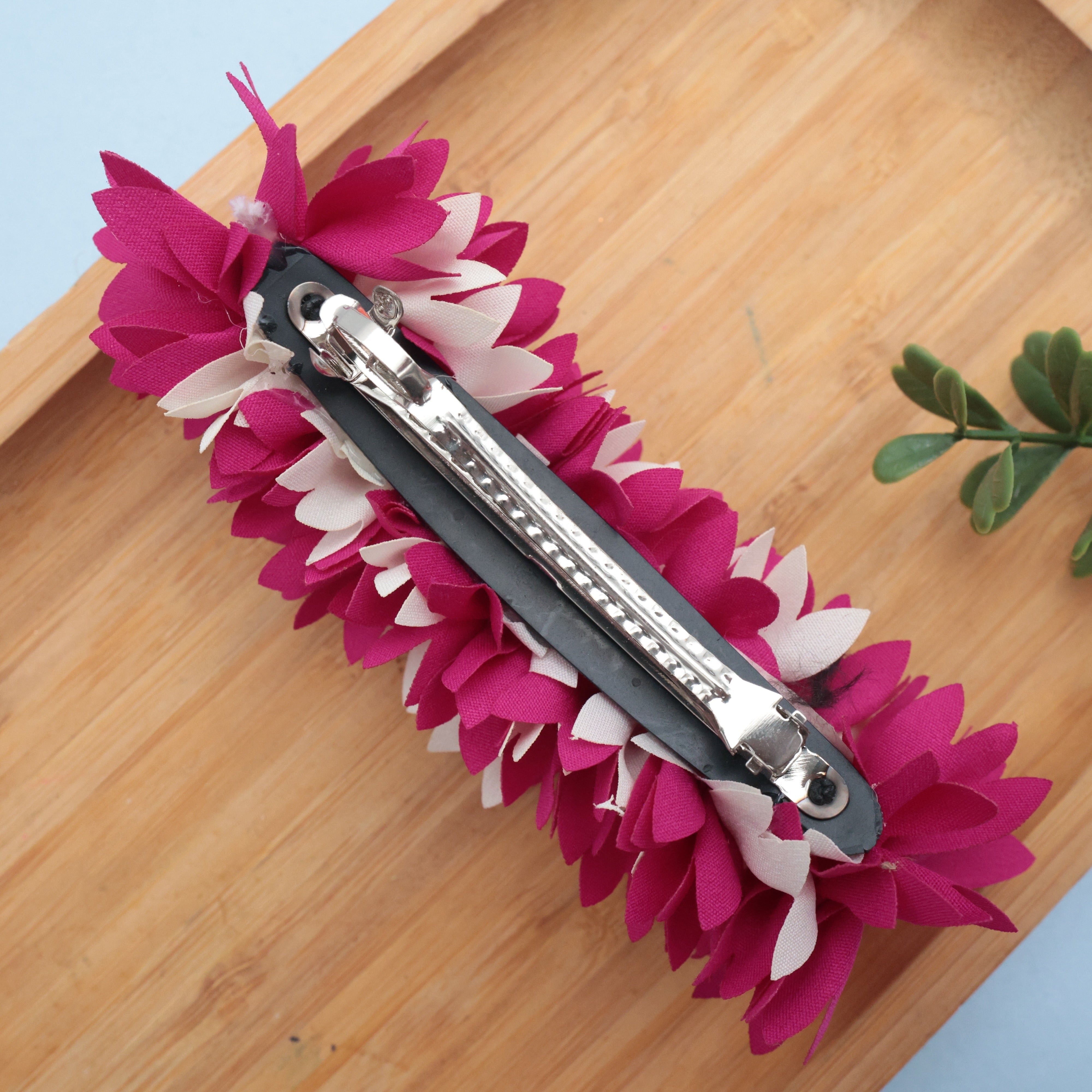 Handmade Pichi Poo Big Size French Barrette Hair Clip For Women - Majenta & White