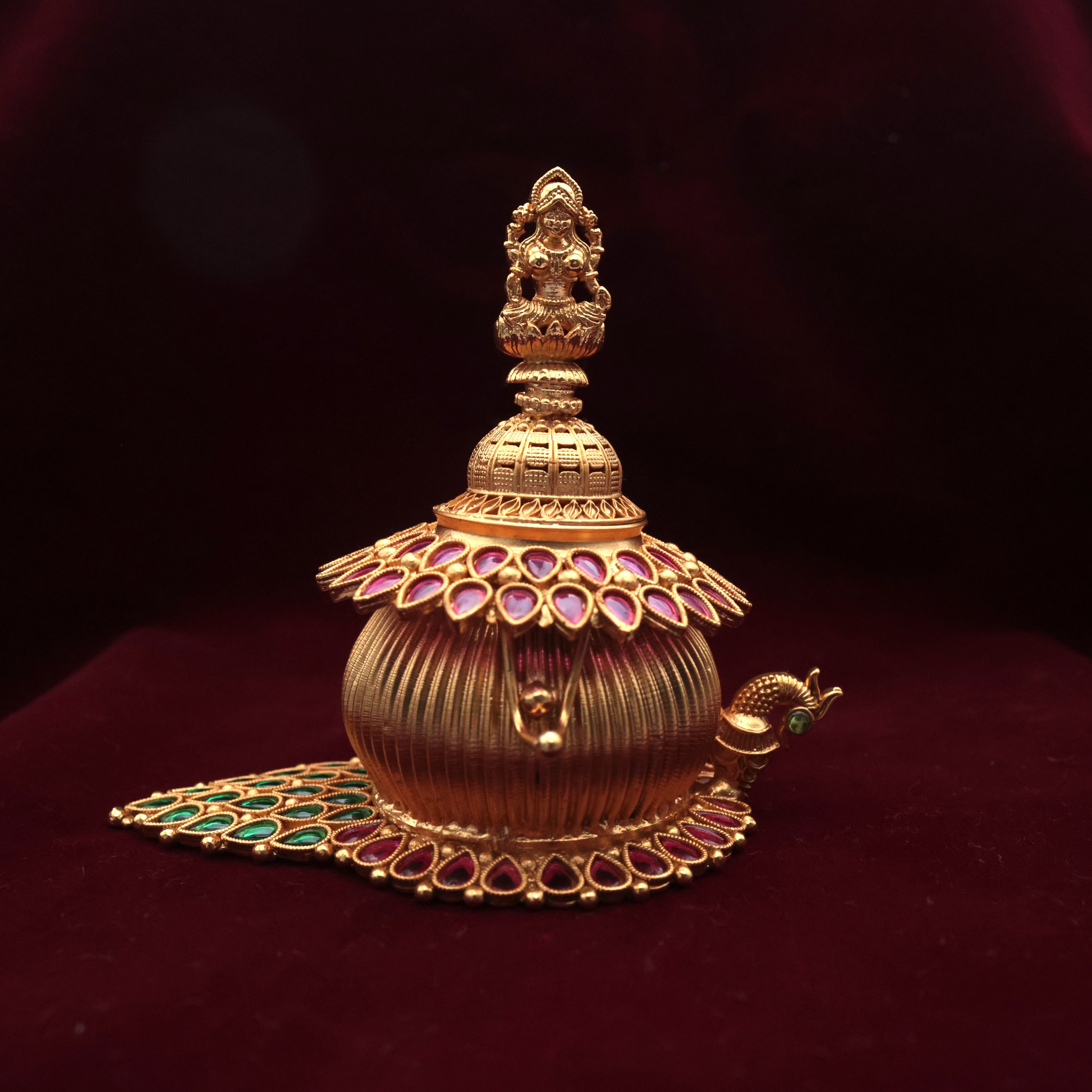 Beautiful Lakshmi on Peacock Kemp Antique Kumkum Box - Sindoor Dabbi