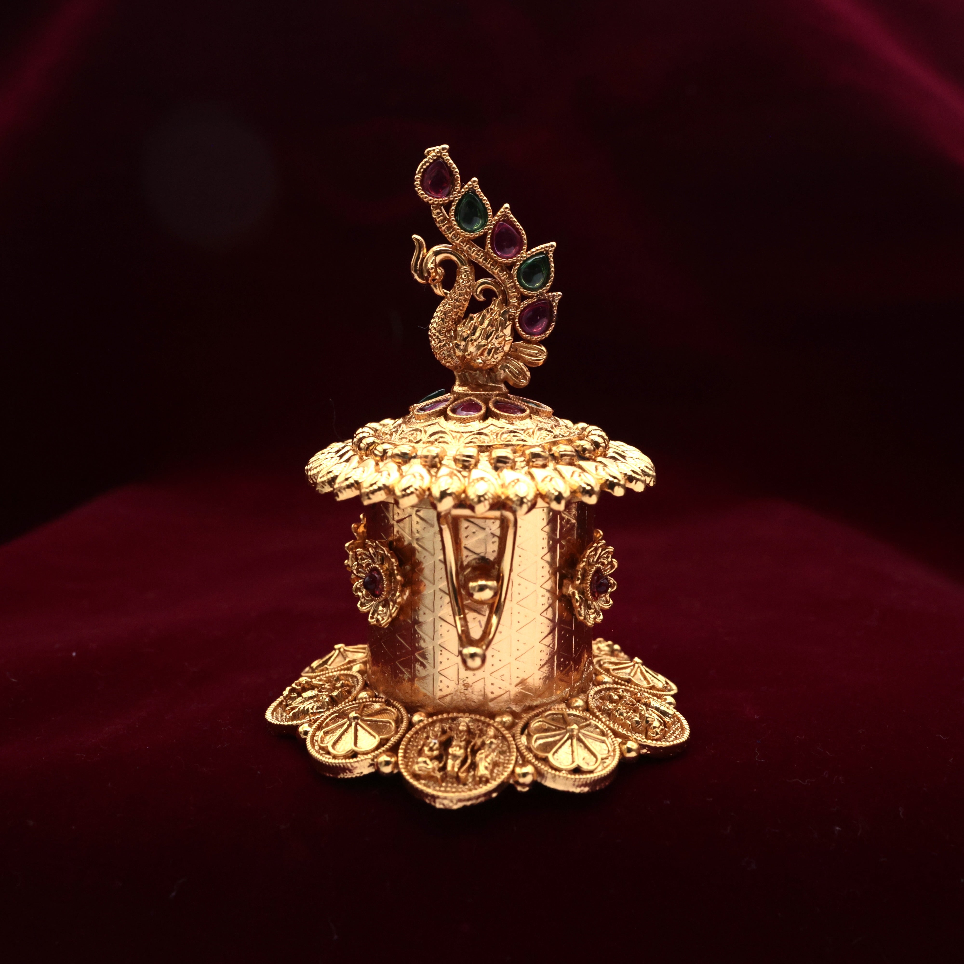 Antique Gold Tall Ram Parivar Coin Kemp Peacock Kumkum Box - Sindoor Dabbi