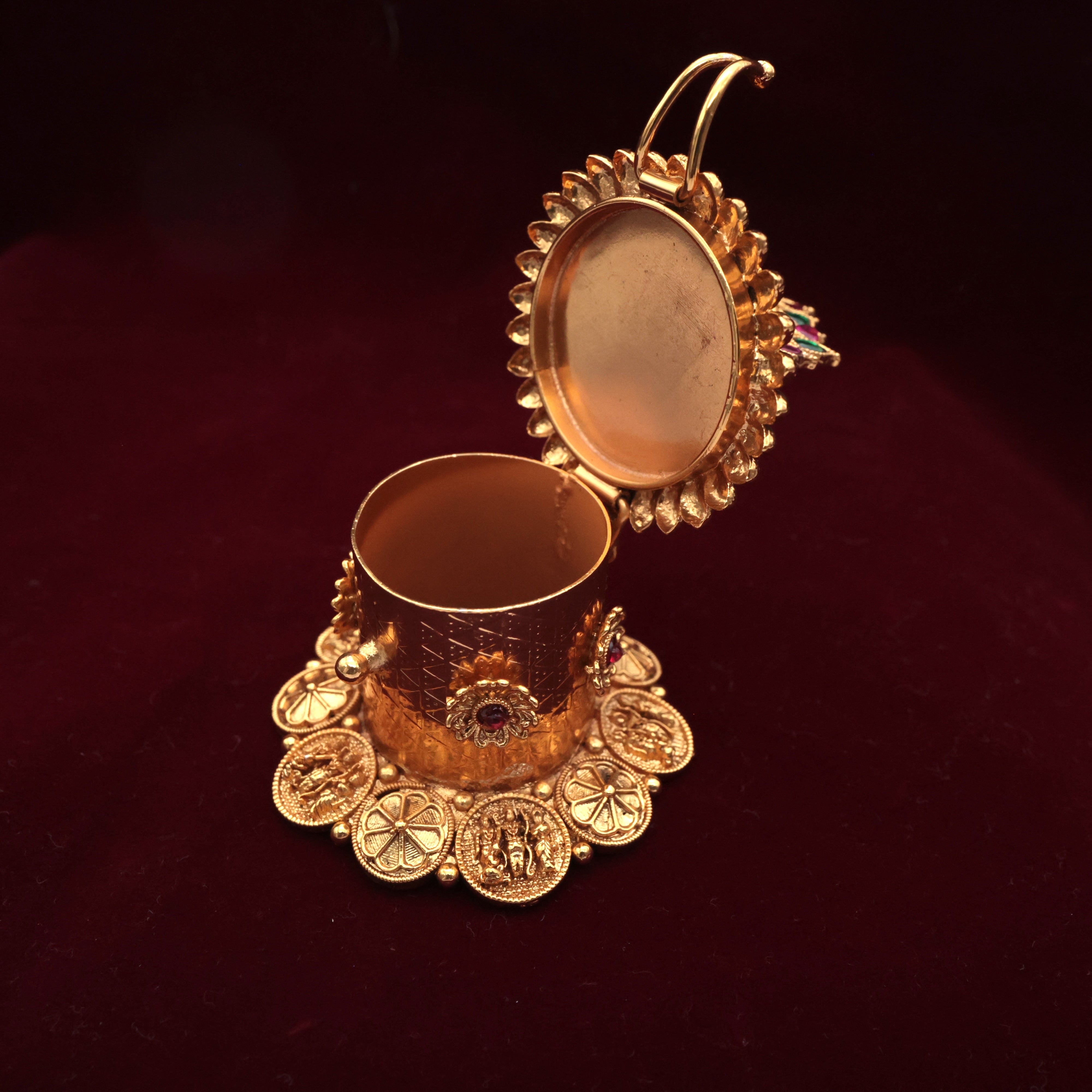 Antique Gold Tall Ram Parivar Coin Kemp Peacock Kumkum Box - Sindoor Dabbi