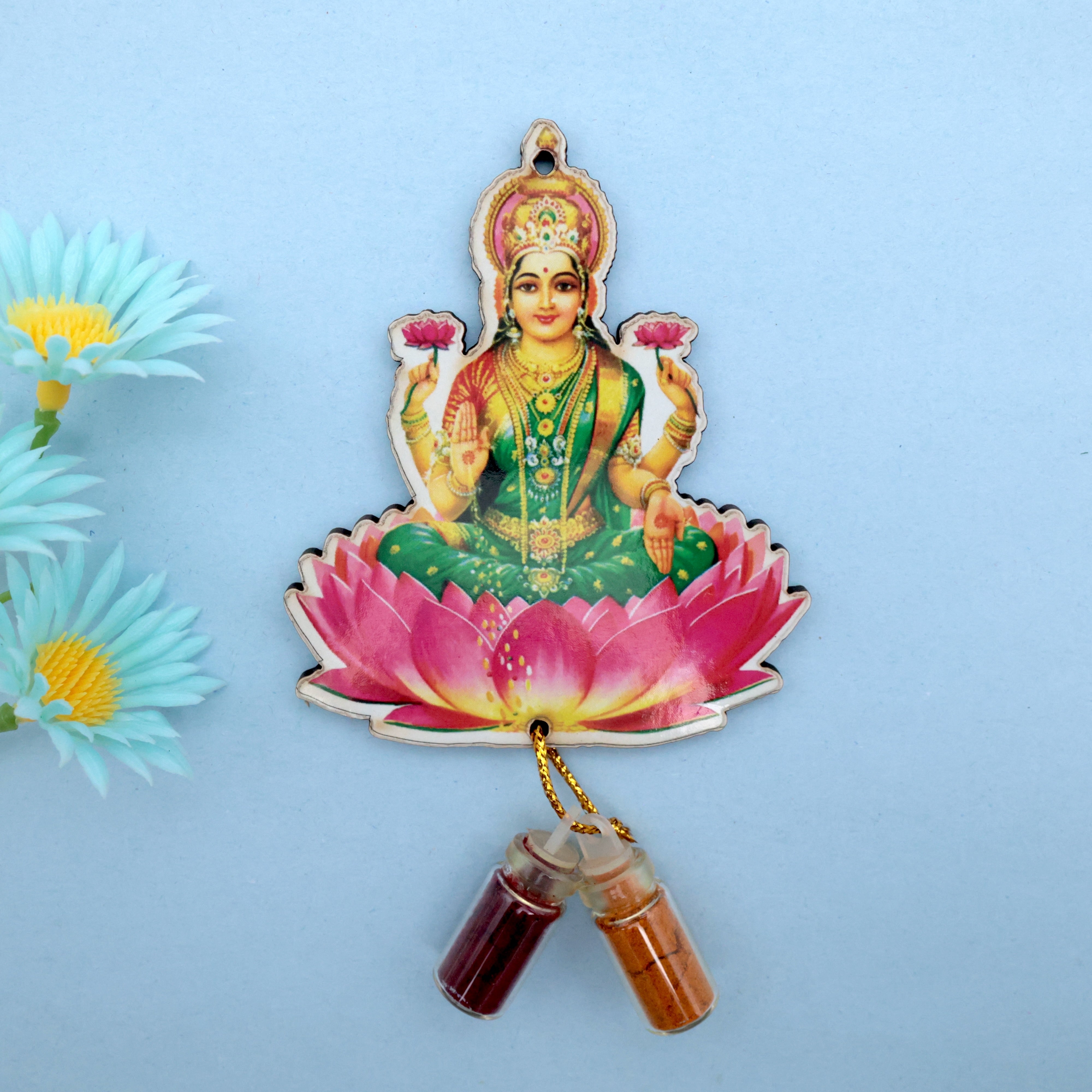 Mahalakshmi Devi MDF Glass Bottle Haldi Kumkum Set