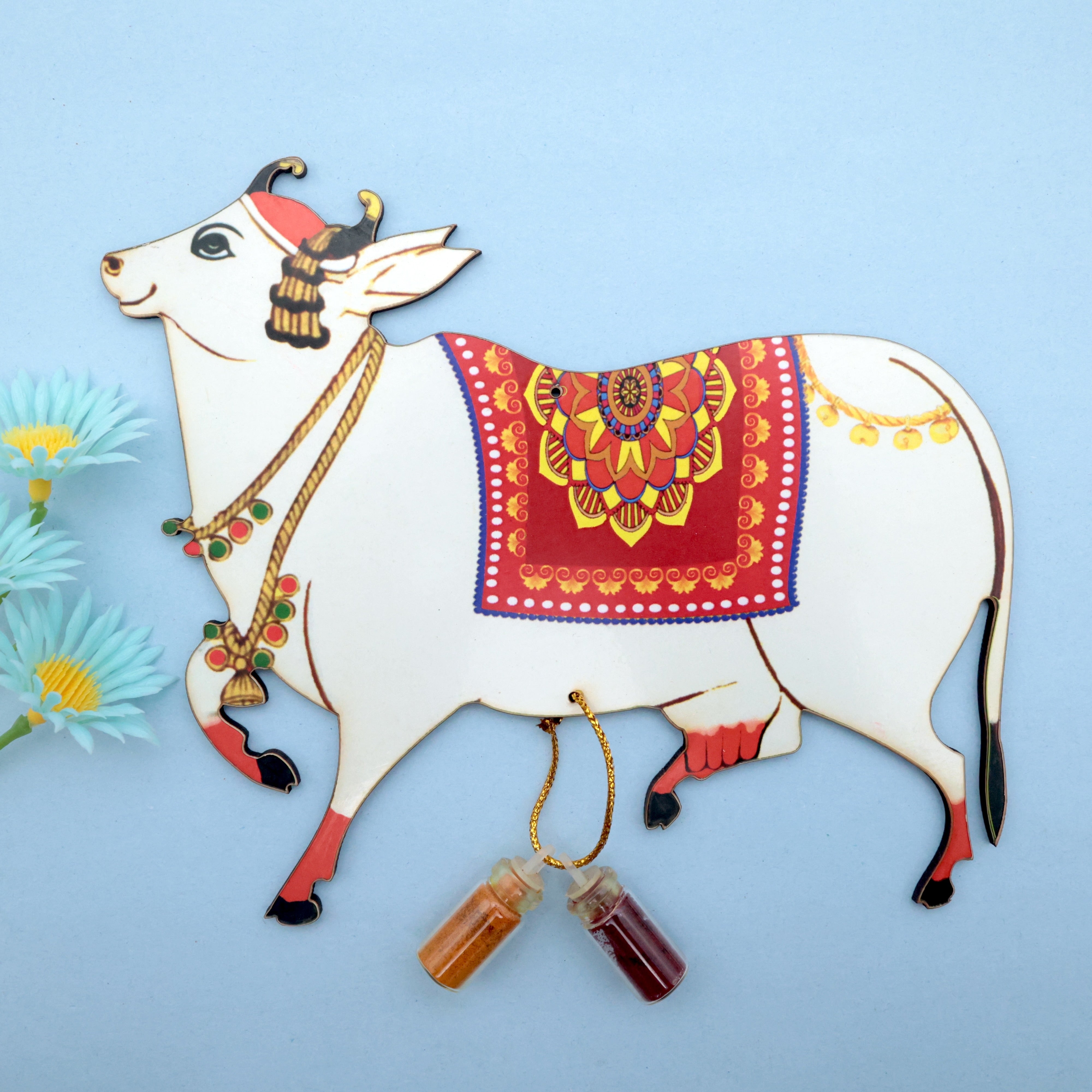 Pichwai Cow MDF Glass Bottle Haldi Kumkum Set