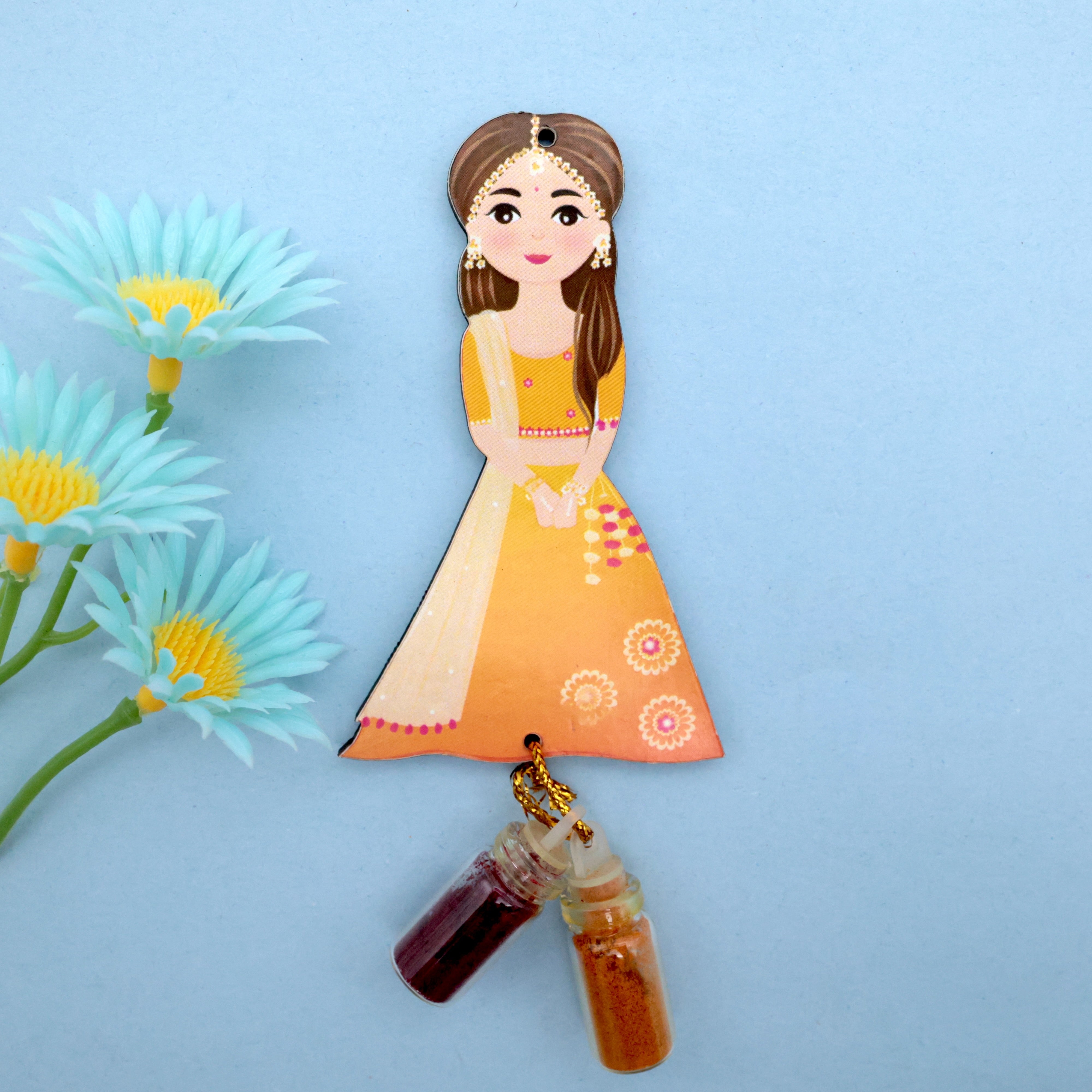 Cute Haldi Girl MDF Glass Bottle Haldi Kumkum Set