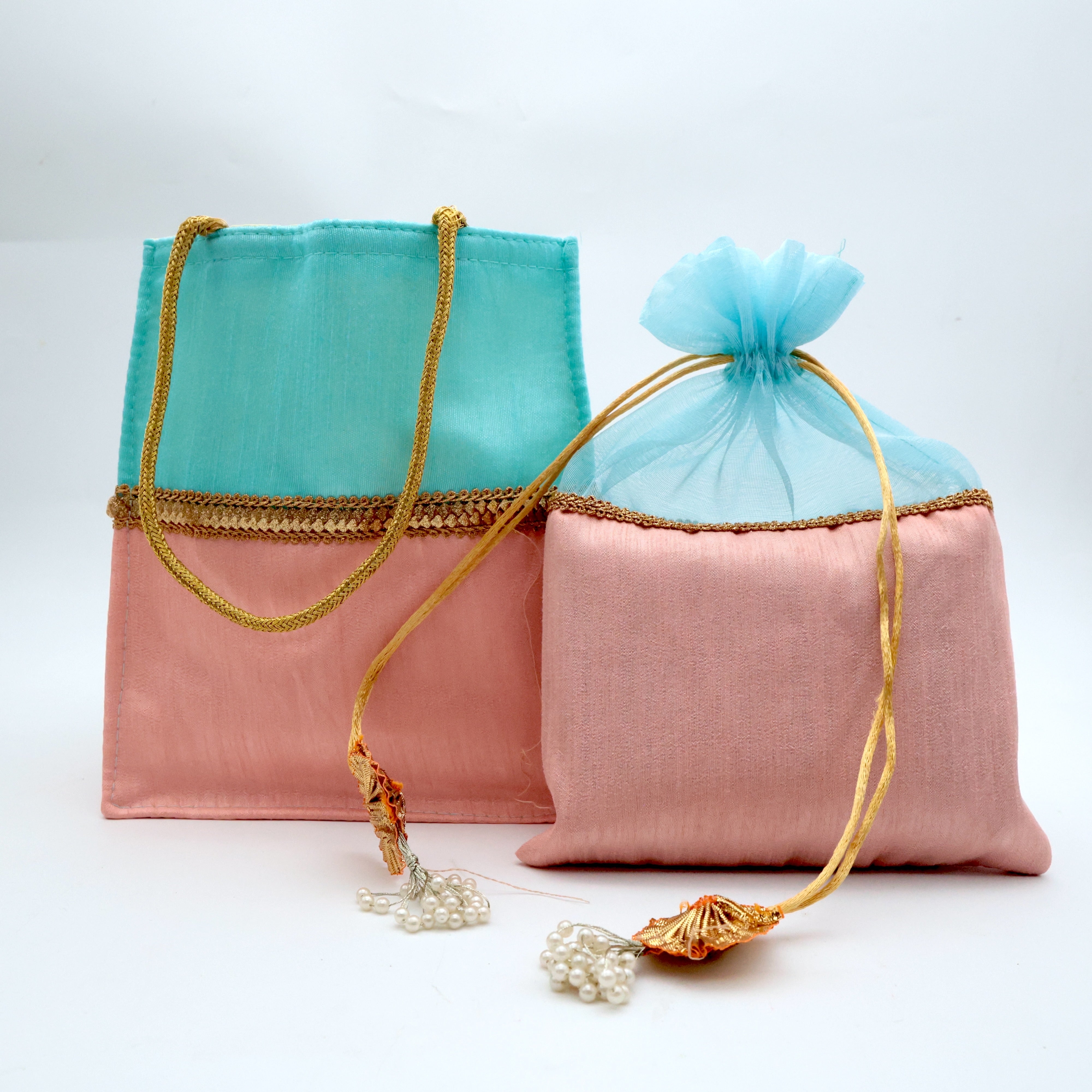 Raw Silk Fabric Bag & Potli - Light Blue & Pink - Best Bags For return Gift Option