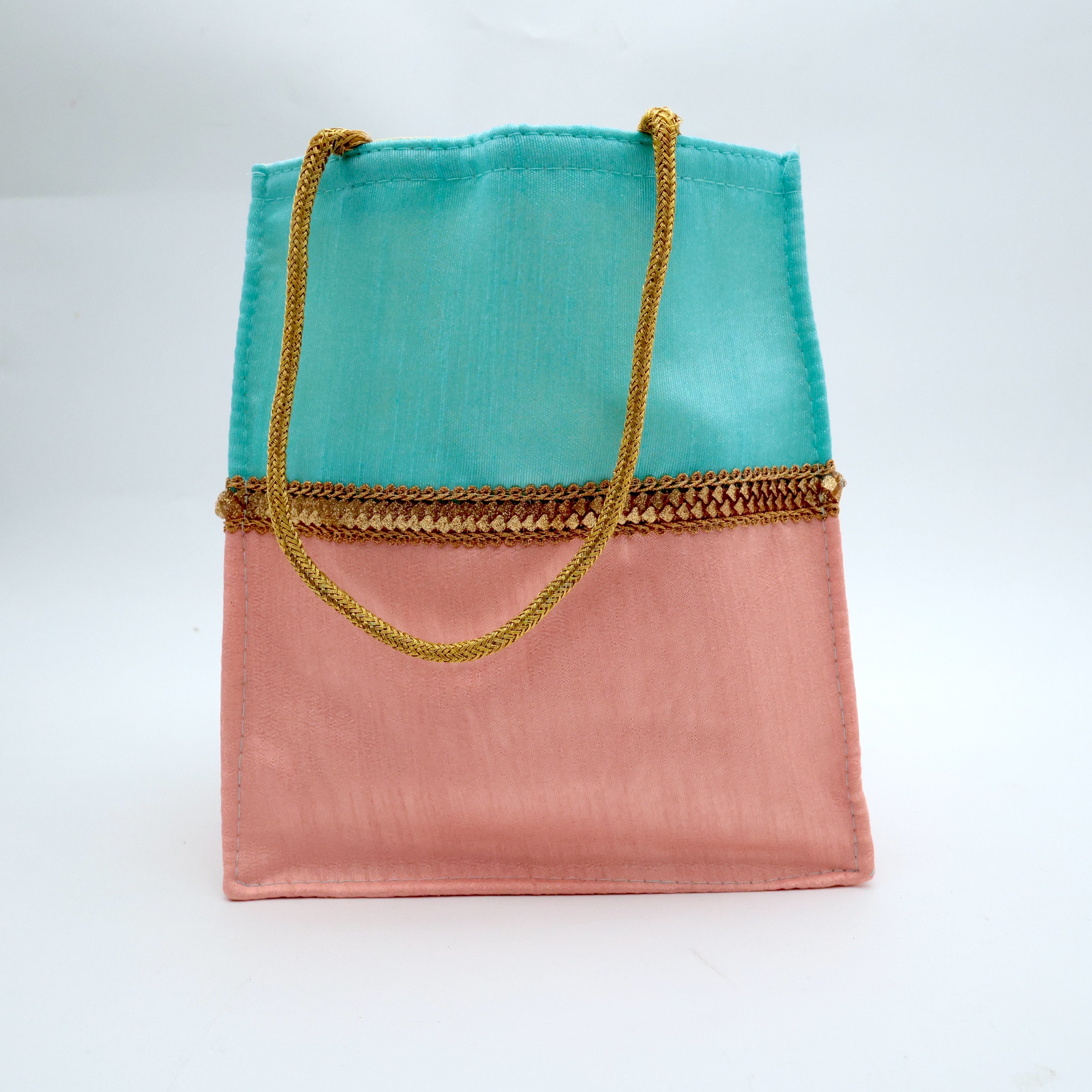 Raw Silk Fabric Bag & Potli - Light Blue & Pink - Best Bags For return Gift Option