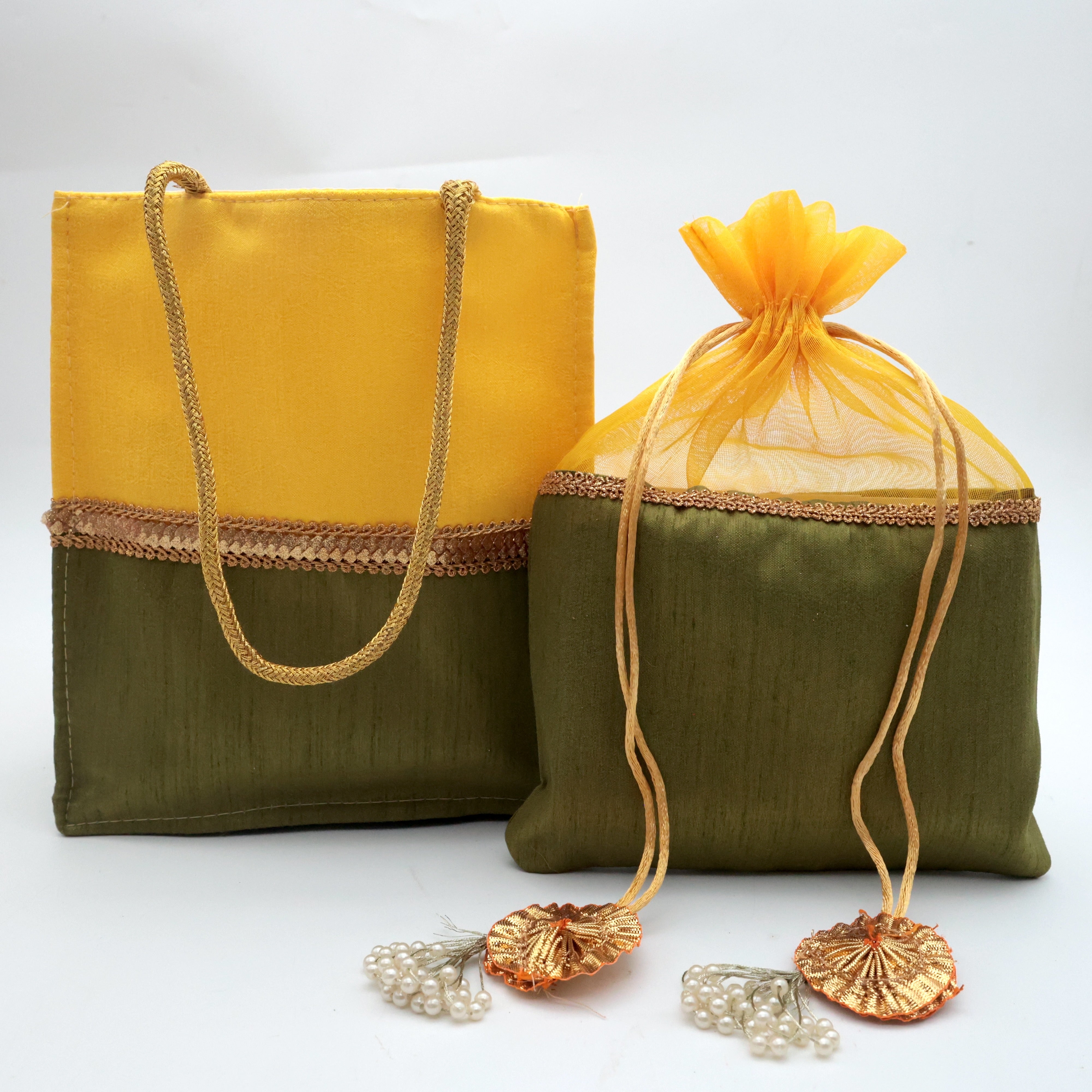 Raw Silk Fabric Bag & Potli - Yellow & Green - Best Bags For return Gift Option