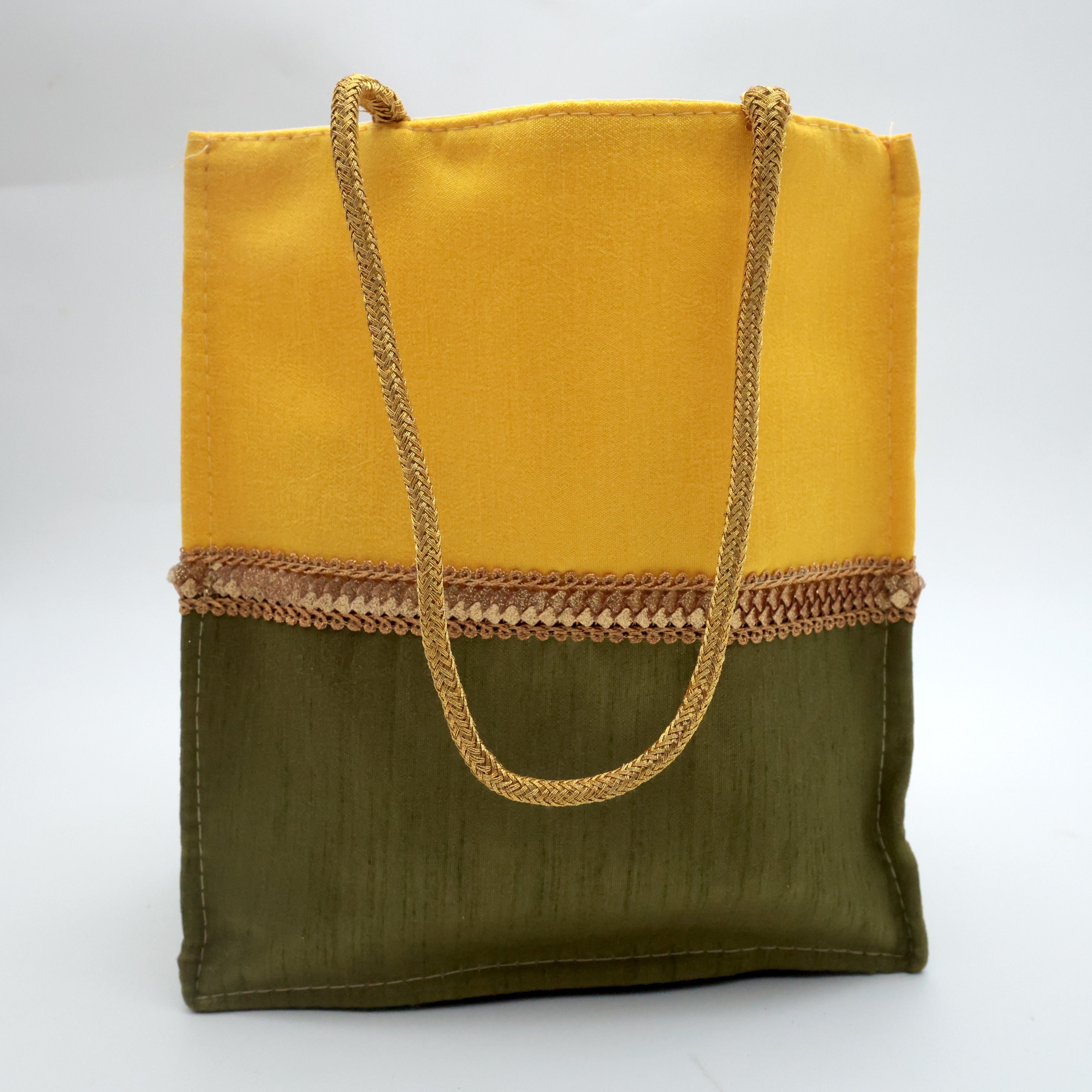 Raw Silk Fabric Bag & Potli - Yellow & Green - Best Bags For return Gift Option