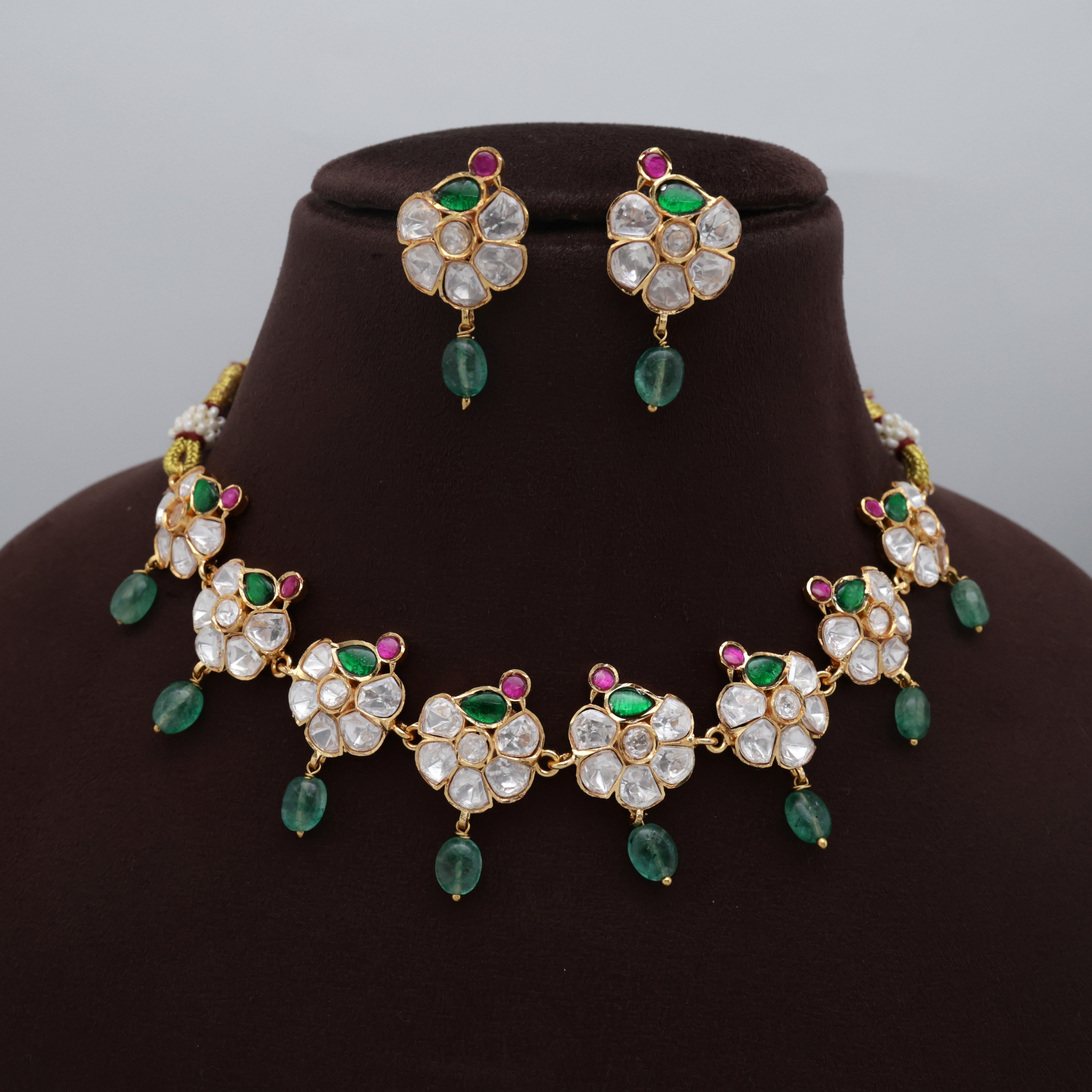 Jadau Kundan Flower Green Birds Bridal Necklace Set