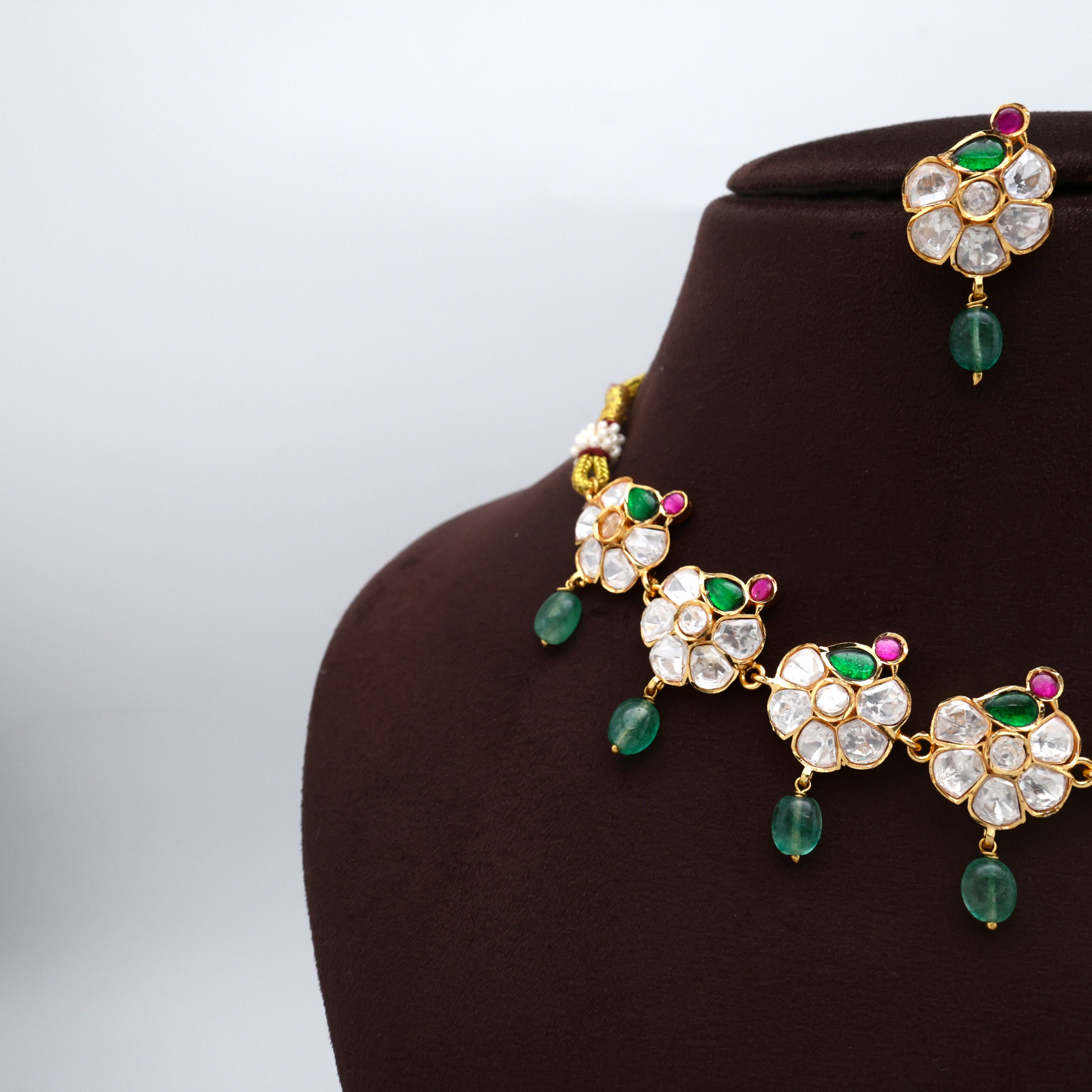 Jadau Kundan Flower Green Birds Bridal Necklace Set