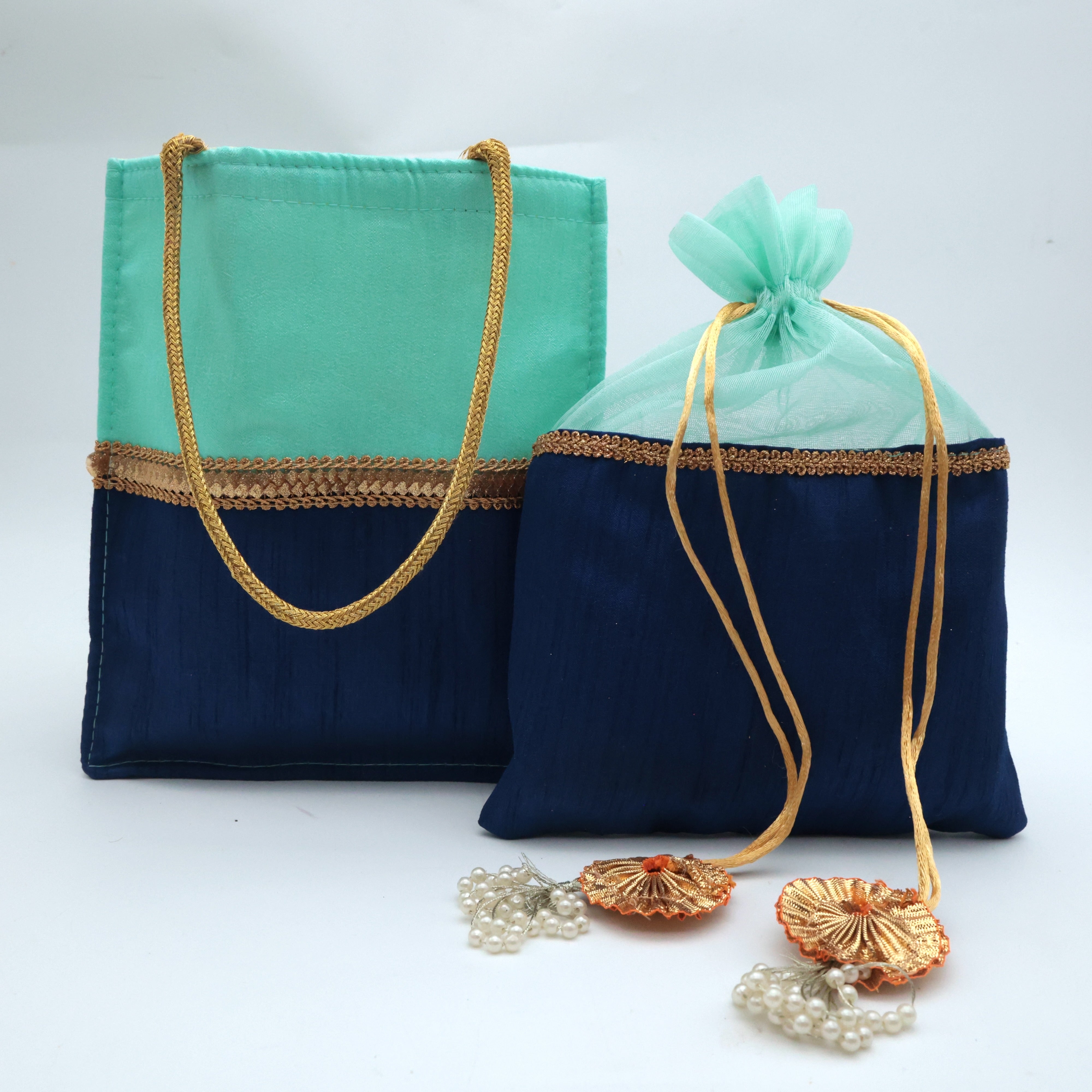 Raw Silk Fabric Bag & Potli - Blue - Best Bags For return Gift Option