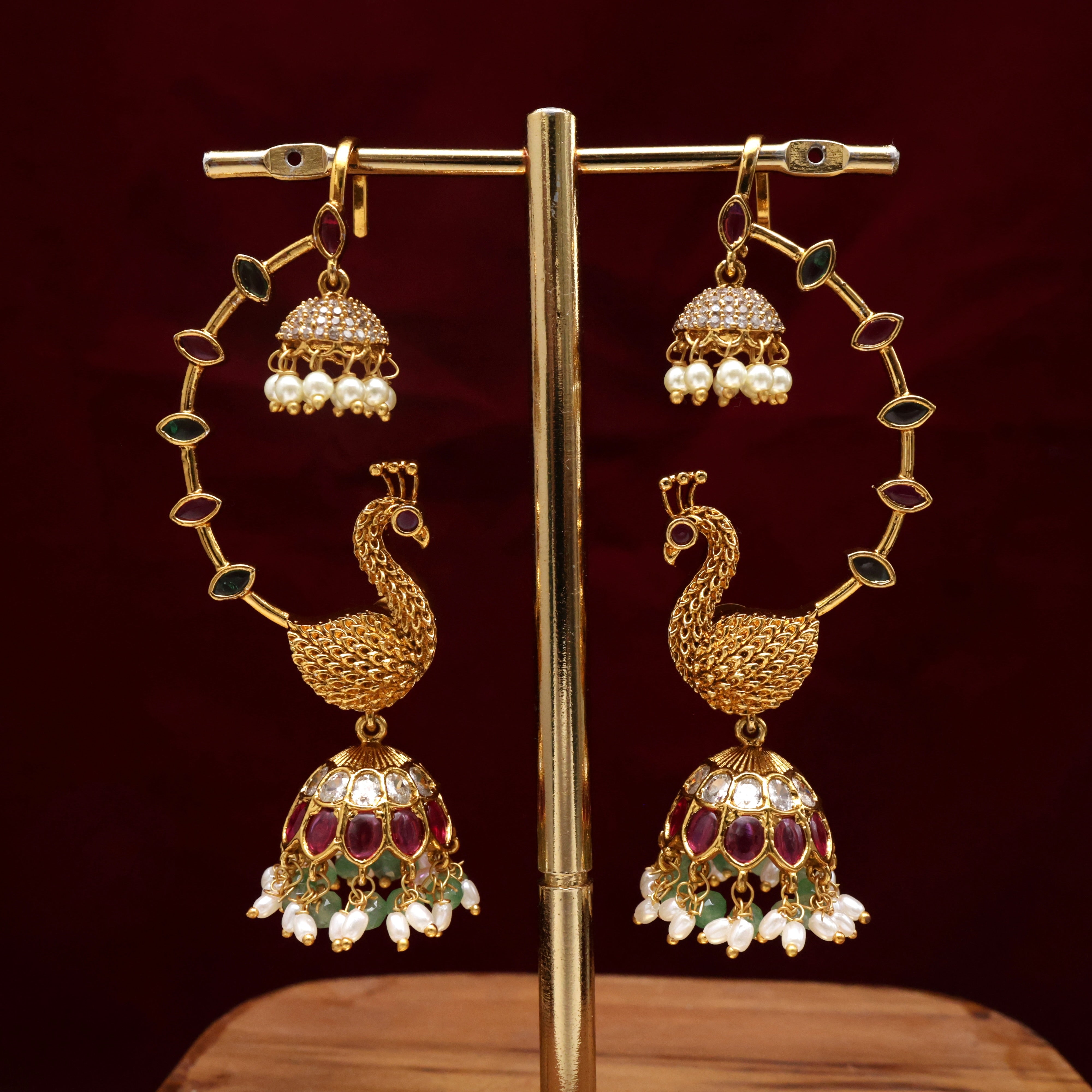 Premium Kemp AD Peacock Full Ear Earcuff Bridal Jhumkas