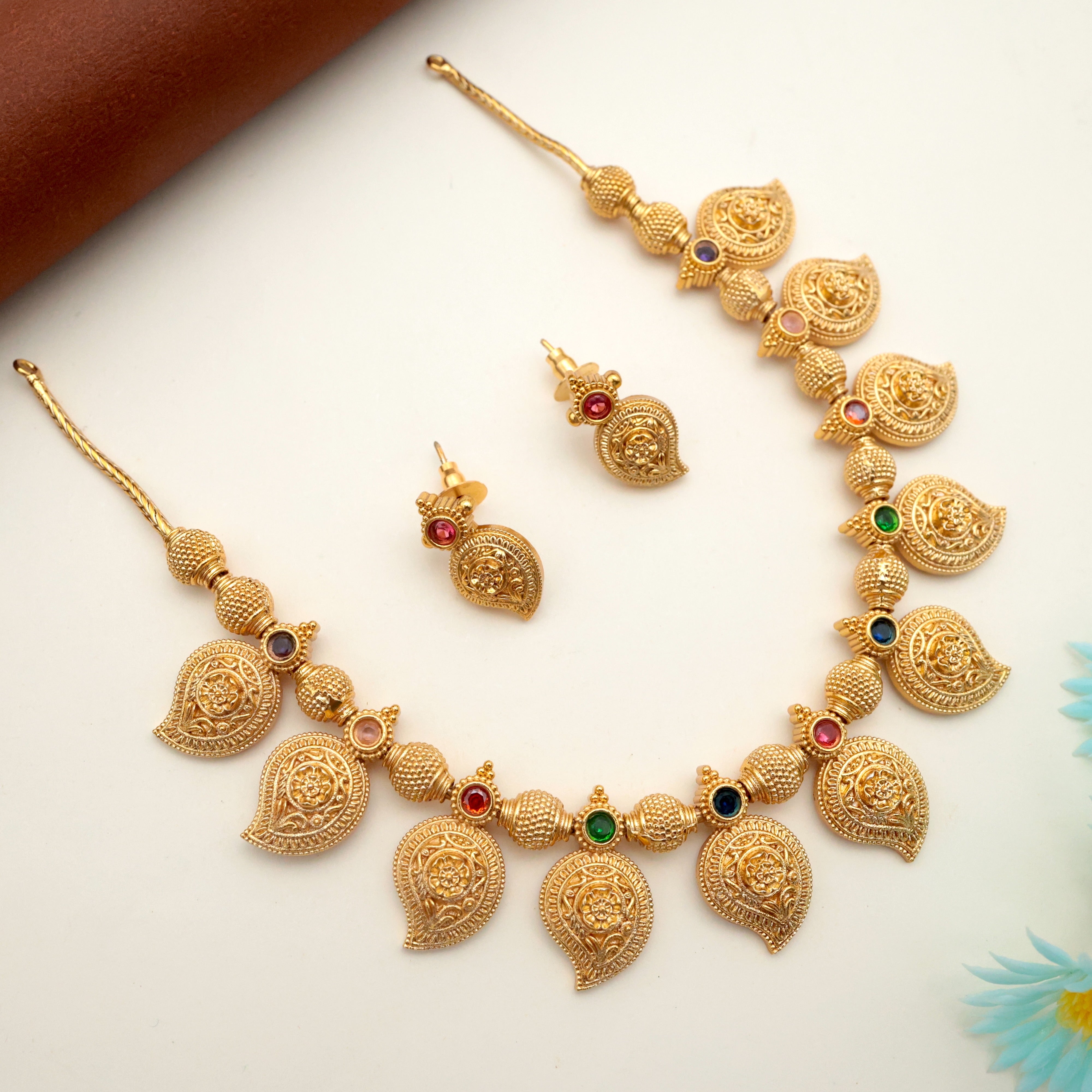 Antique Gold Nagas Paisley Lakshmi Multicolour Stone Necklace