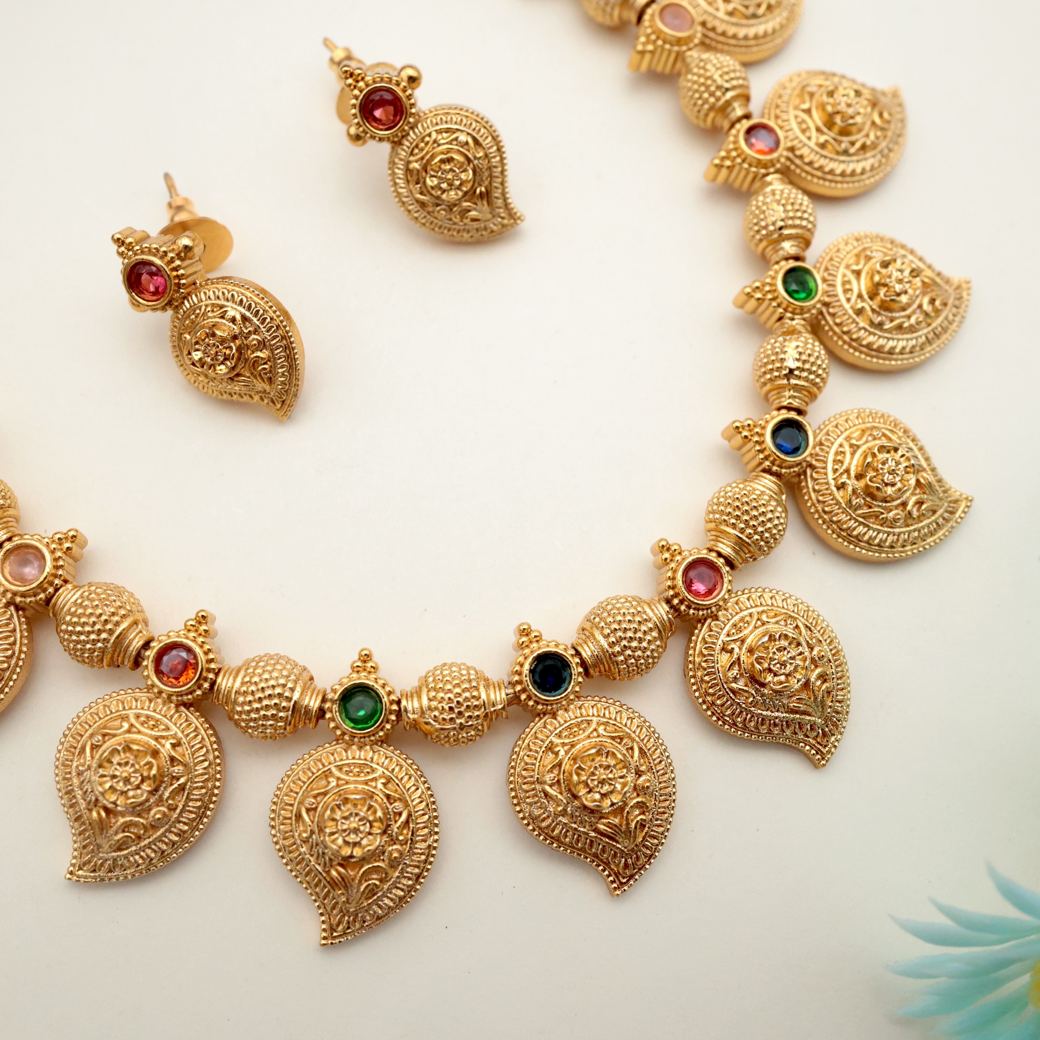 Antique Gold Nagas Paisley Lakshmi Multicolour Stone Necklace