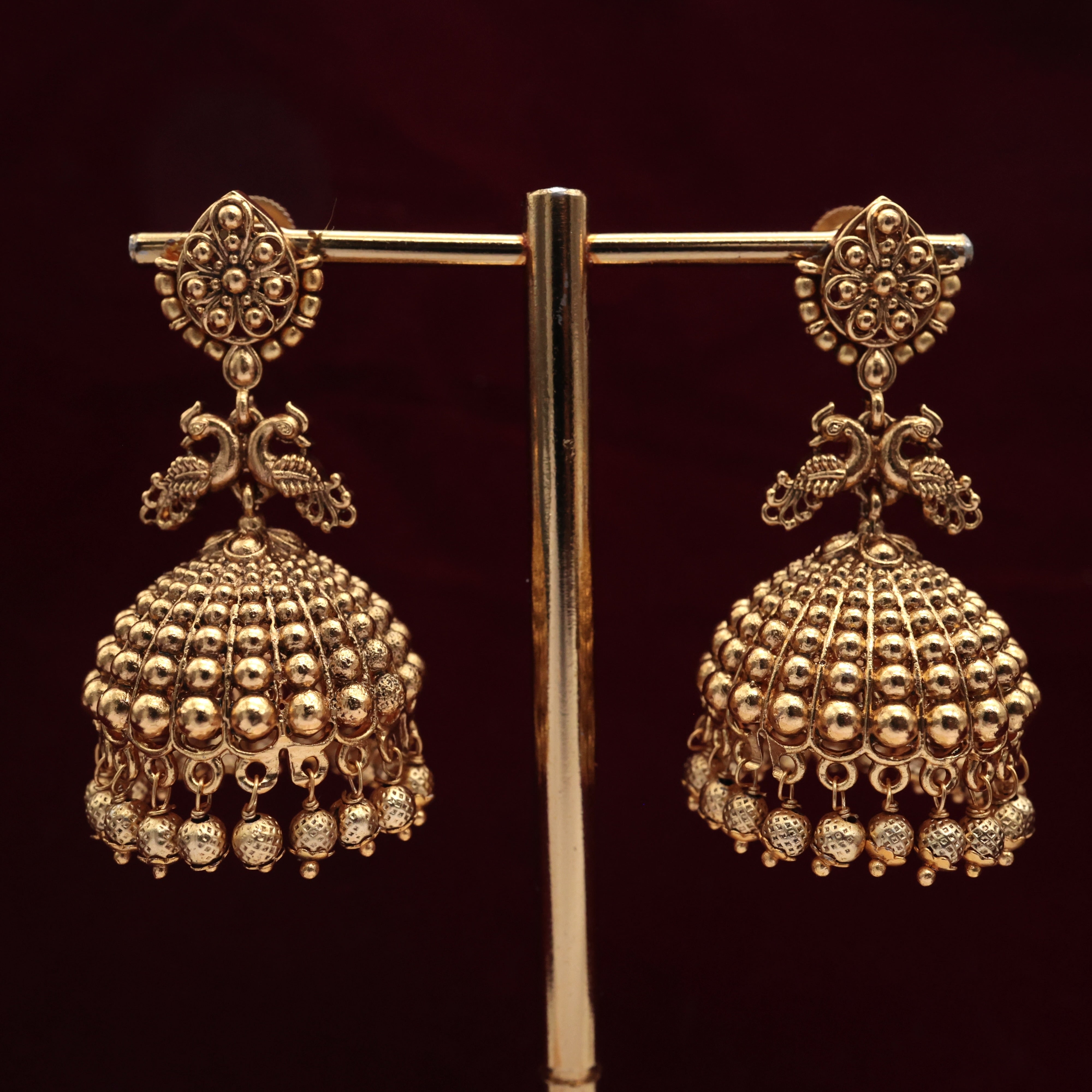Antique Nagas Rettapakshi Golden Dots Bridal Jhumkas