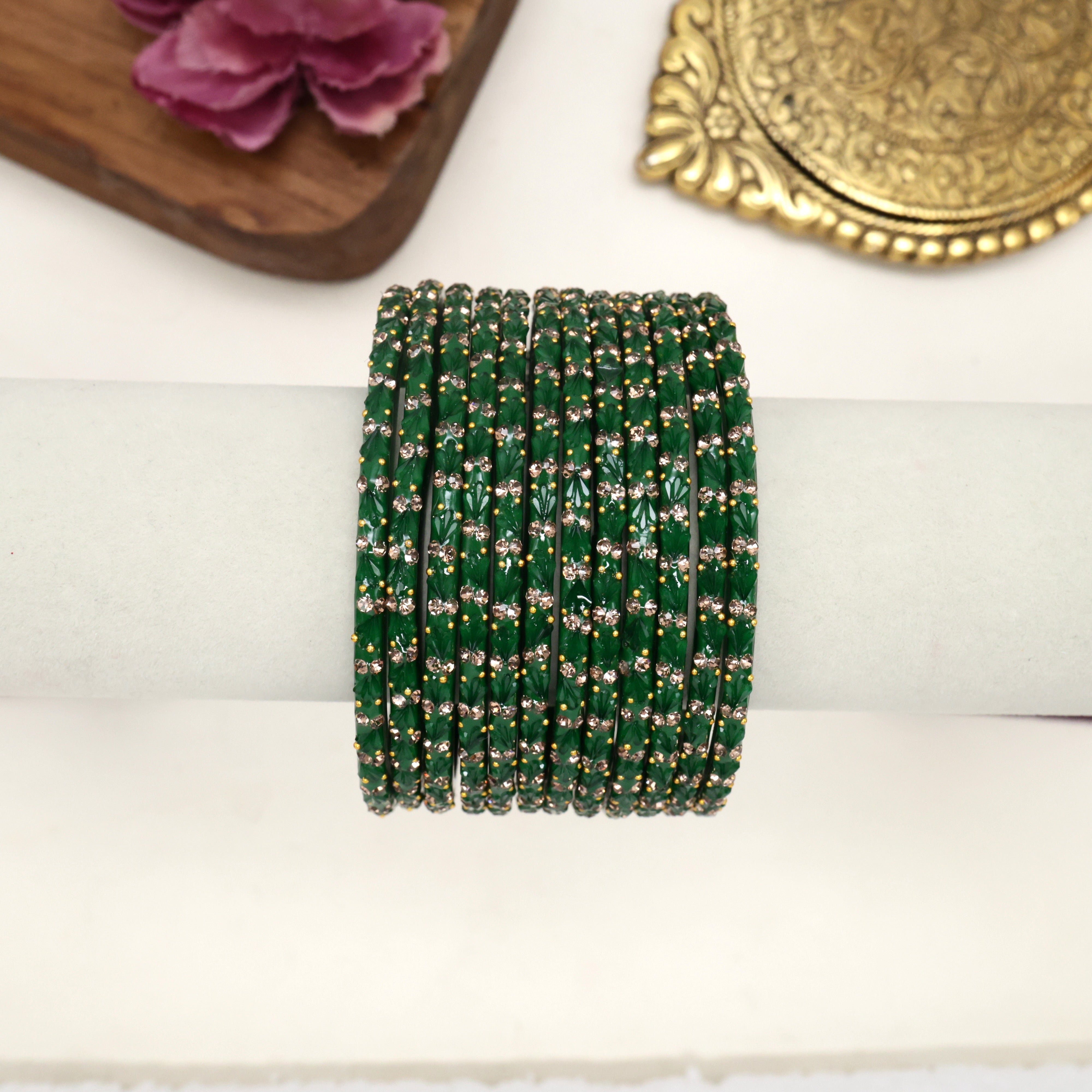 PREMIUM TULIP CUT STONE WORK GLASS BANGLES - GREEN