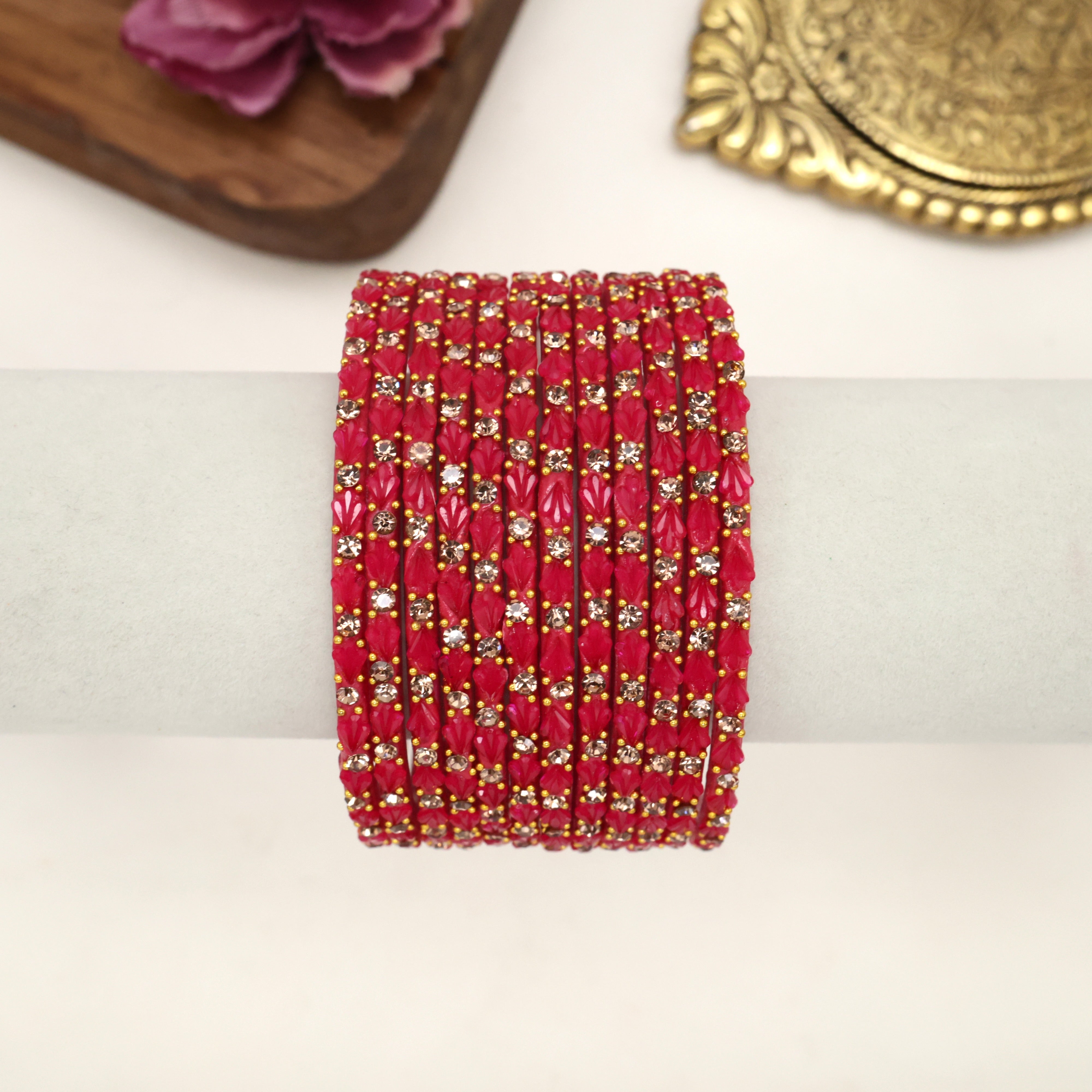 Premium Single Stone Work Tulip Cut Glass Bangles - Rani Pink
