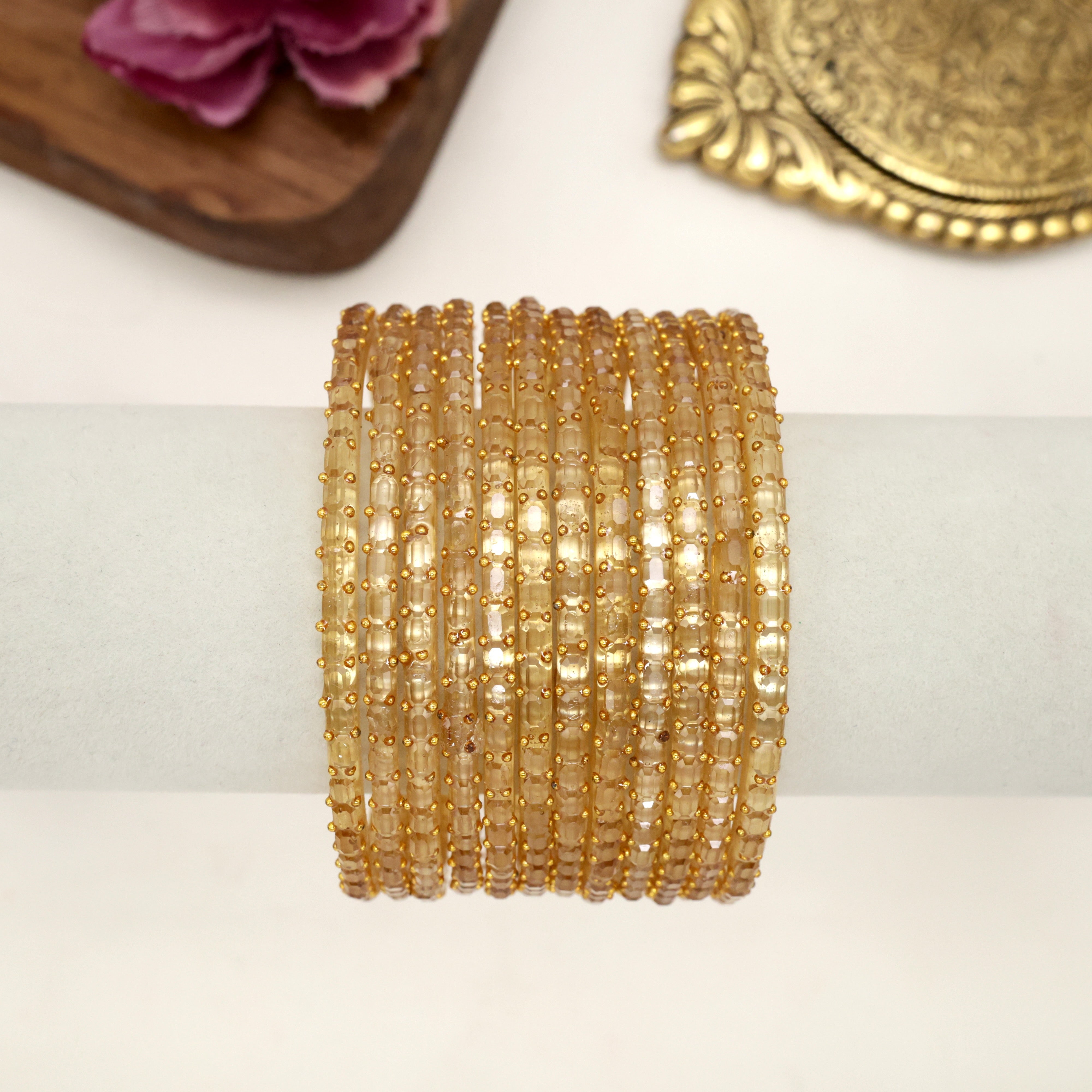 CUBE CUT RAINDROP GLASS BANGLES - Golden