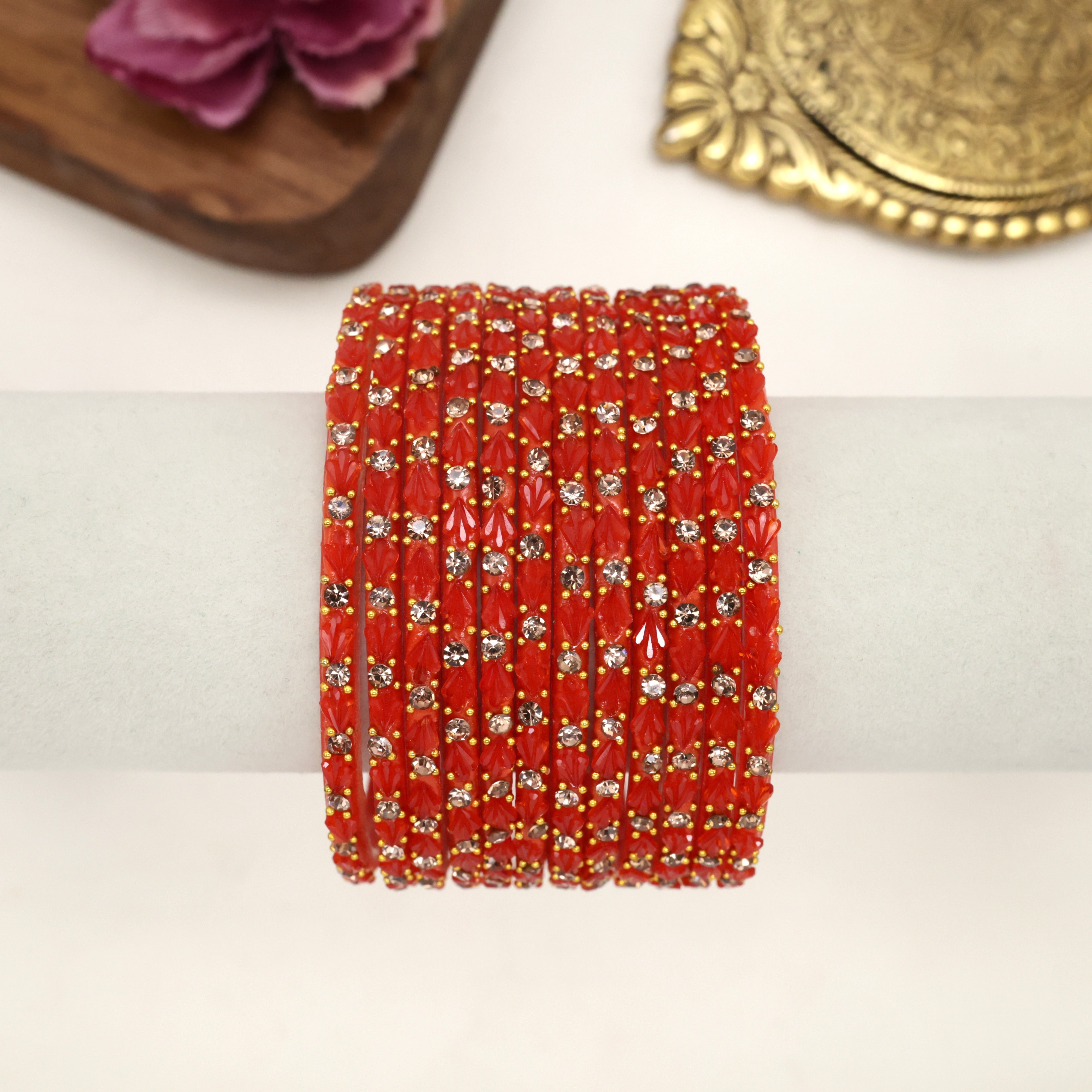 Premium Single Stone Work Tulip Cut Glass Bangles - Fiery Orange