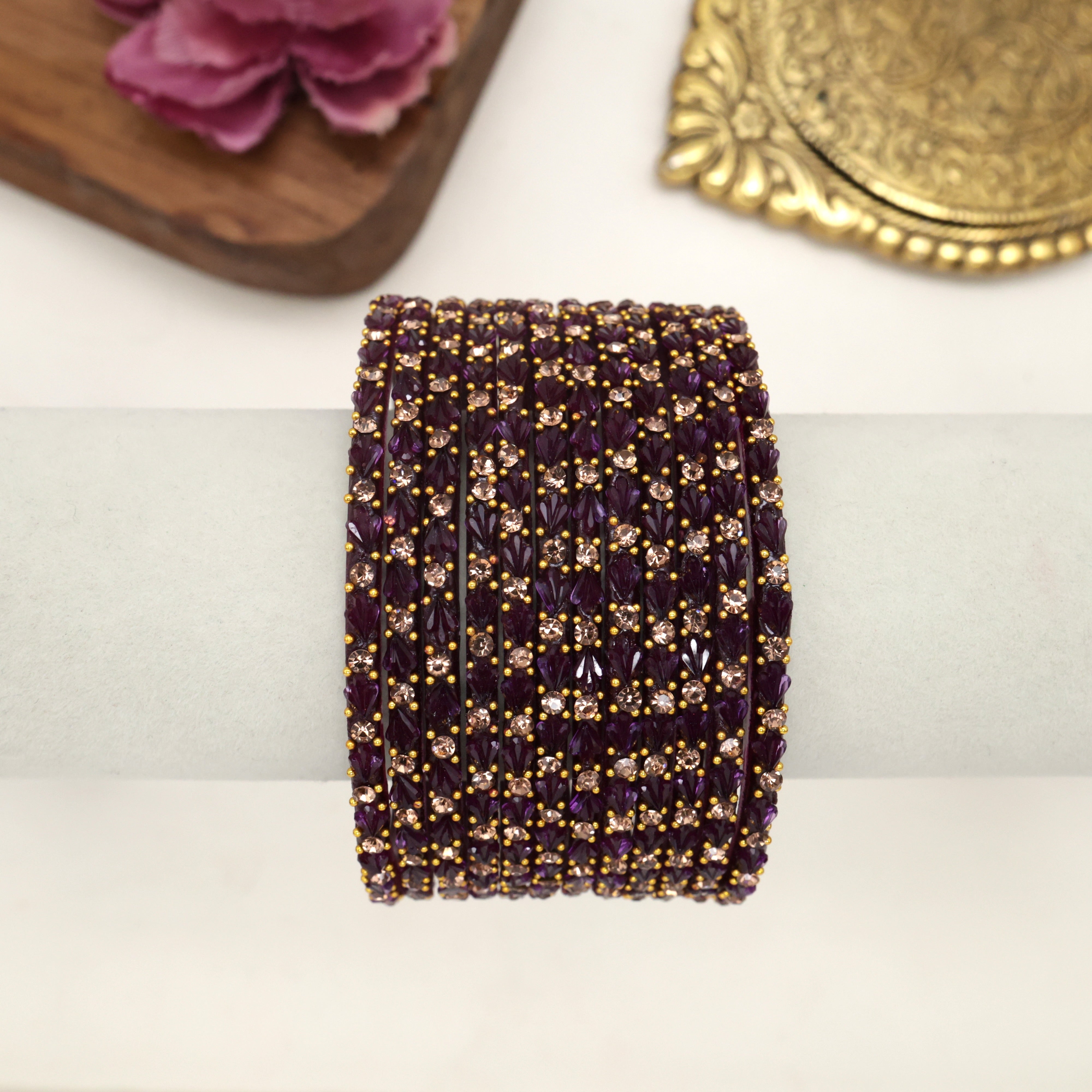 Premium Single Stone Work Tulip Cut Glass Bangles - Dark Purple