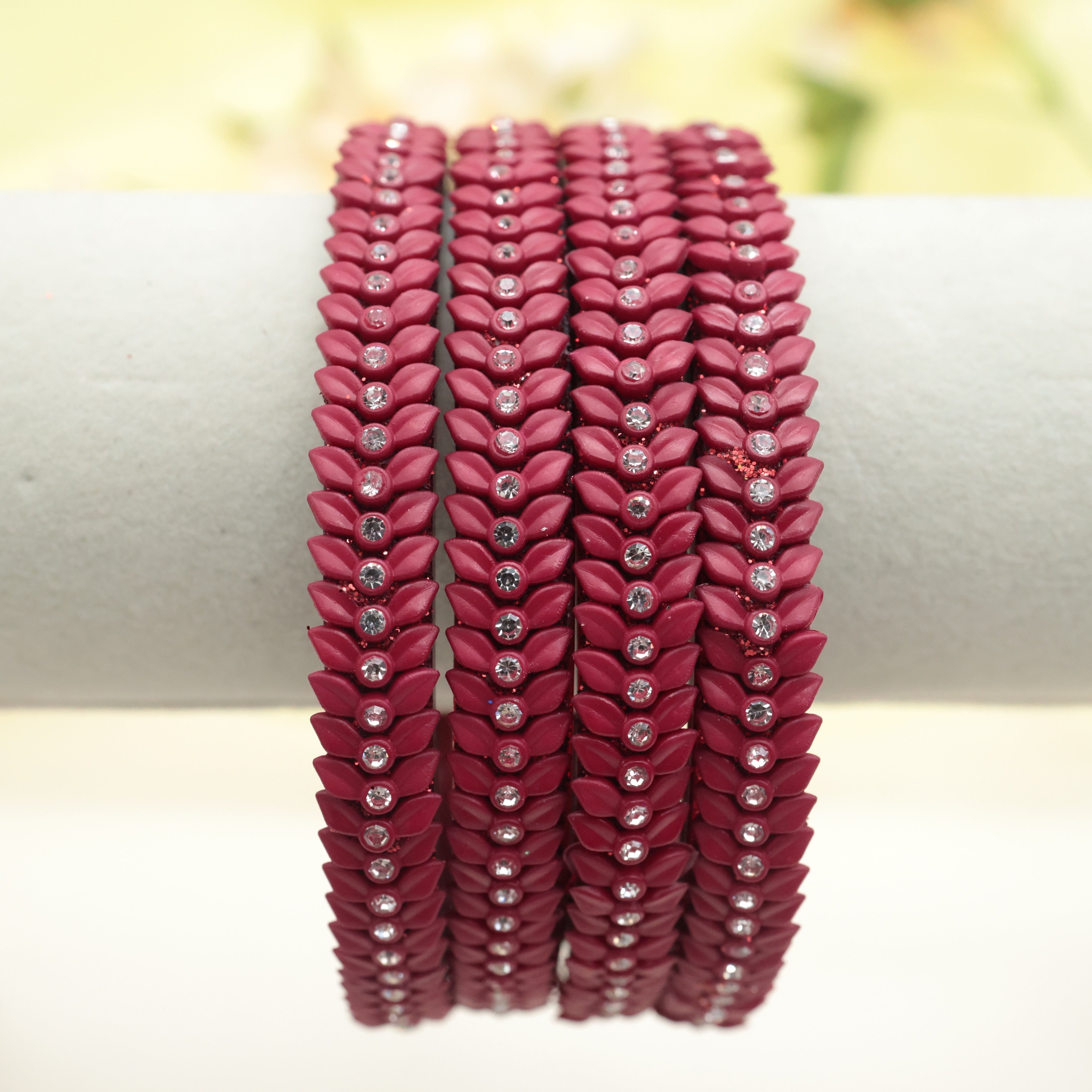 SET OF 4 THICK DOUBLE LEAF CUT STONE WORK GLASS BANGLES - RUBY