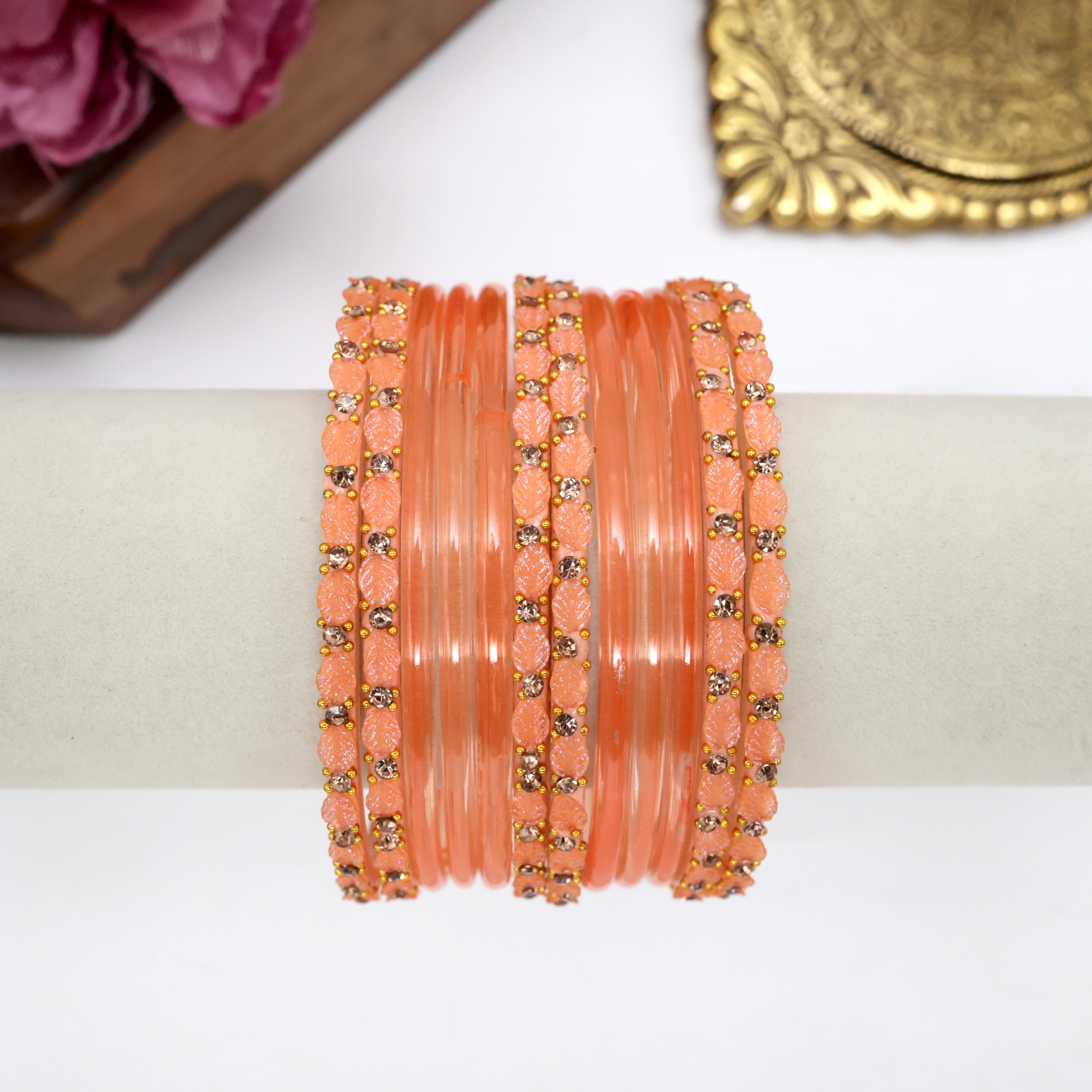 LEAF CUT PLAIN BANGLES ONE DOZEN COMBO - LIGHT ORANGE - 2.6