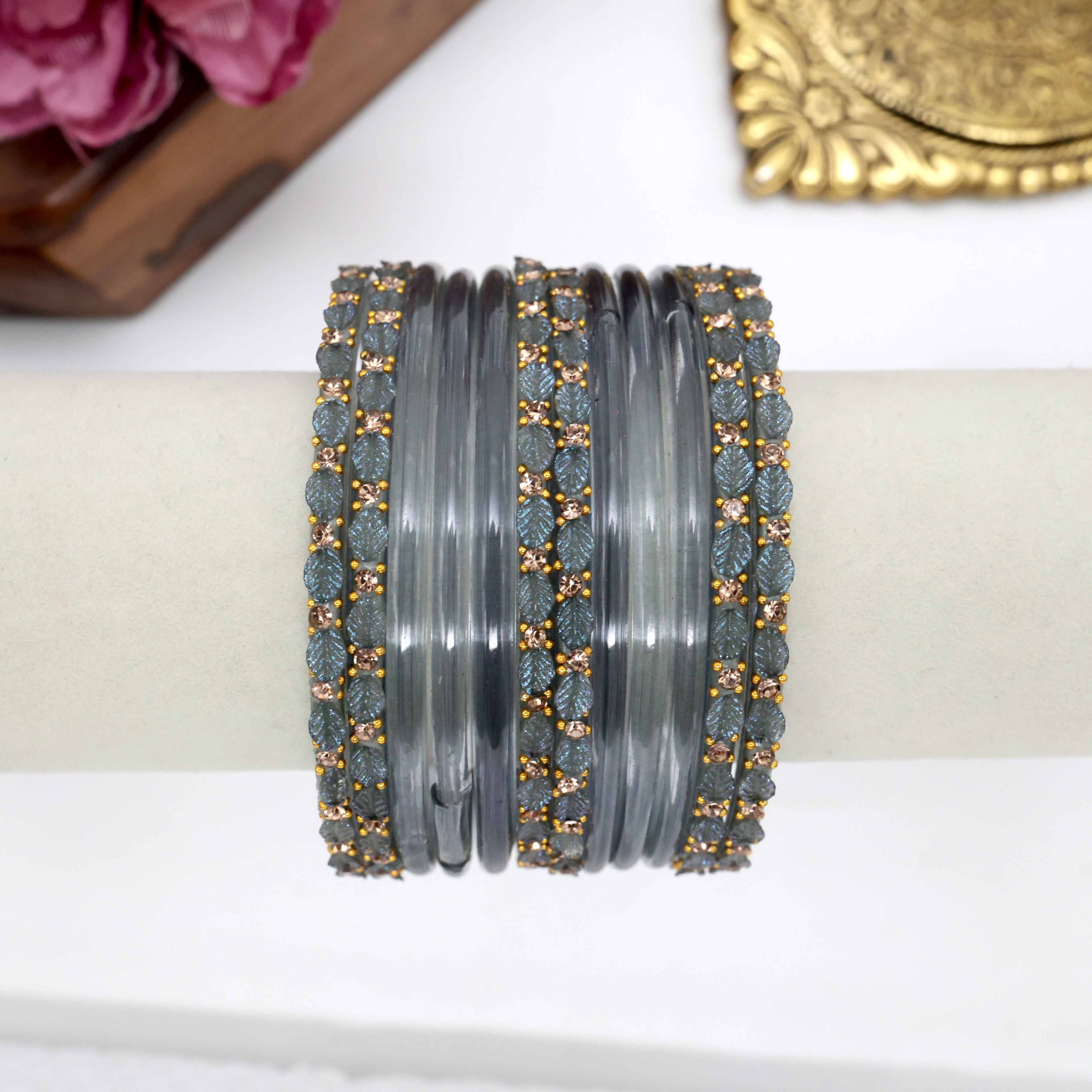 Leaf Cut Plain Bangles One Dozen Combo - Grey - 2.6