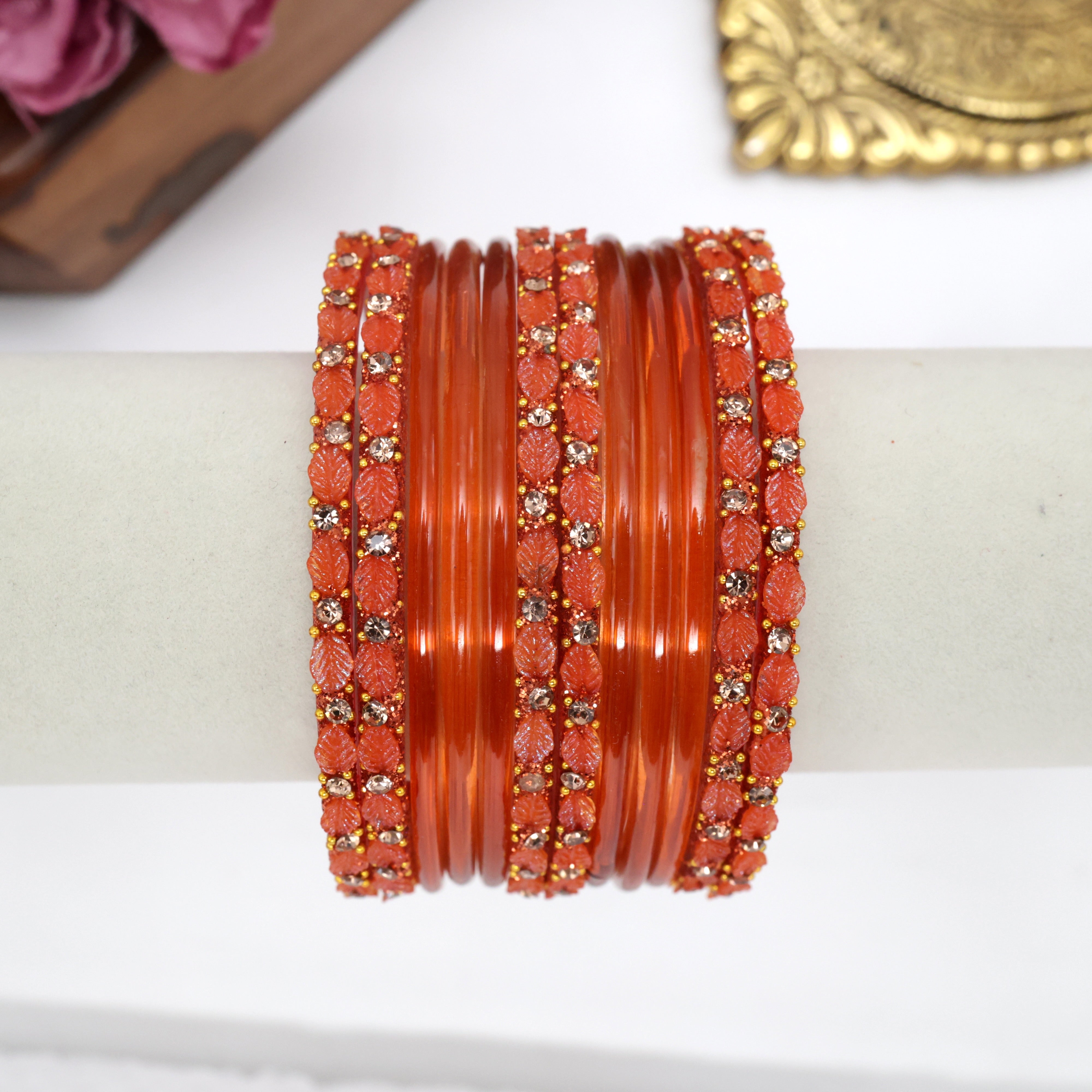LEAF CUT PLAIN BANGLES ONE DOZEN COMBO - ORANGE - 2.6