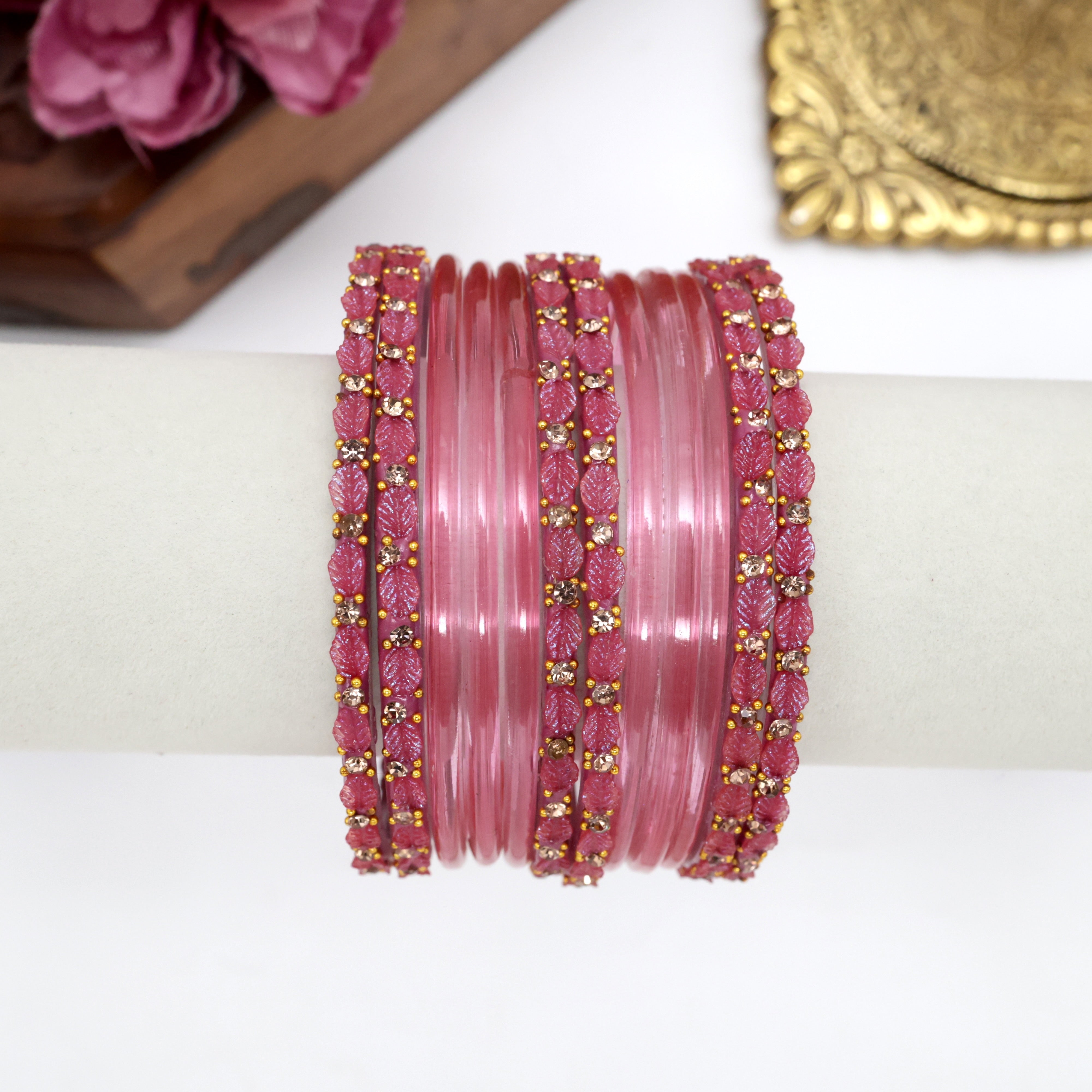 Leaf Cut Plain Bangles One Dozen Combo - Pink - 2.6