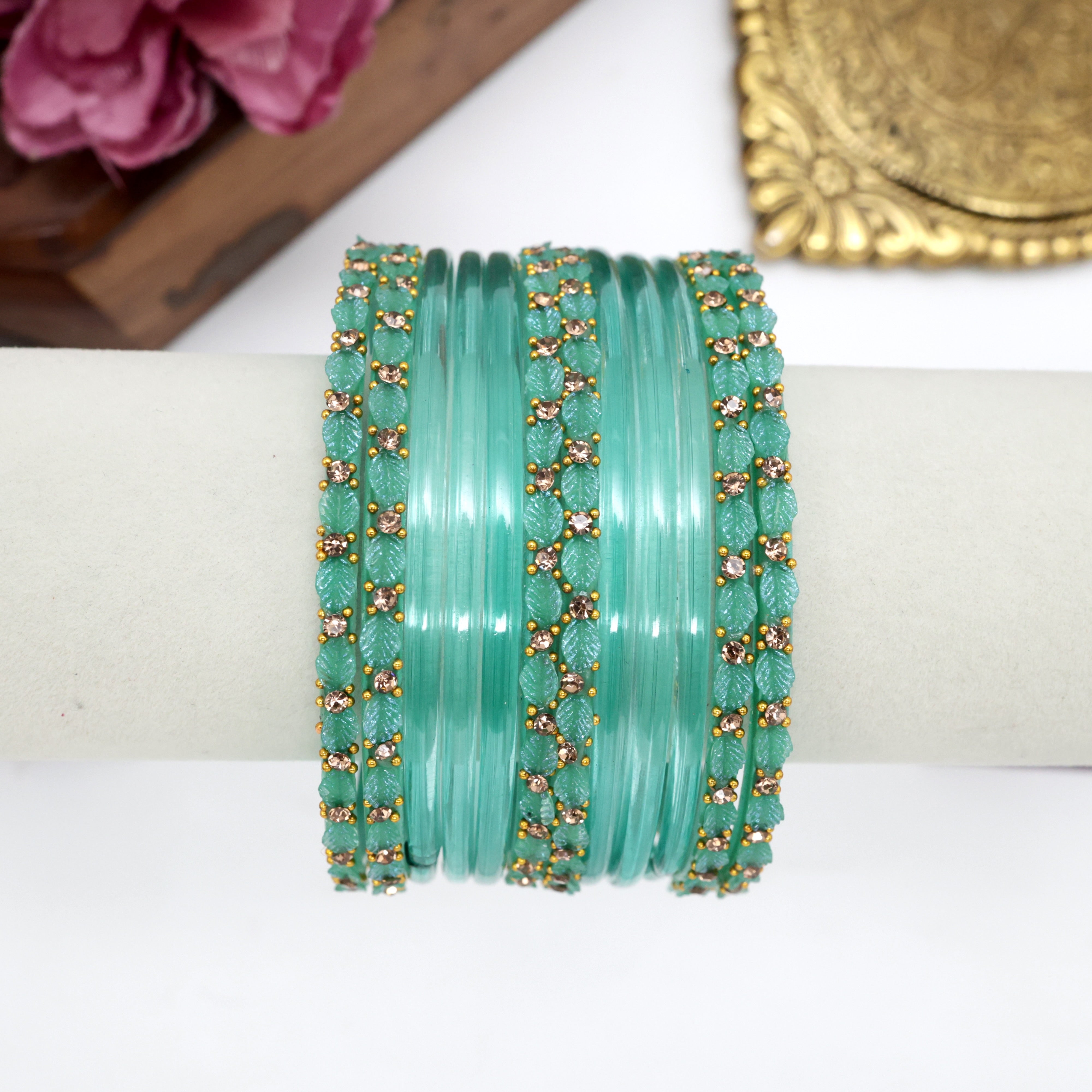 Leaf Cut Plain Bangles One Dozen Combo - Pastel Blue - 2.8