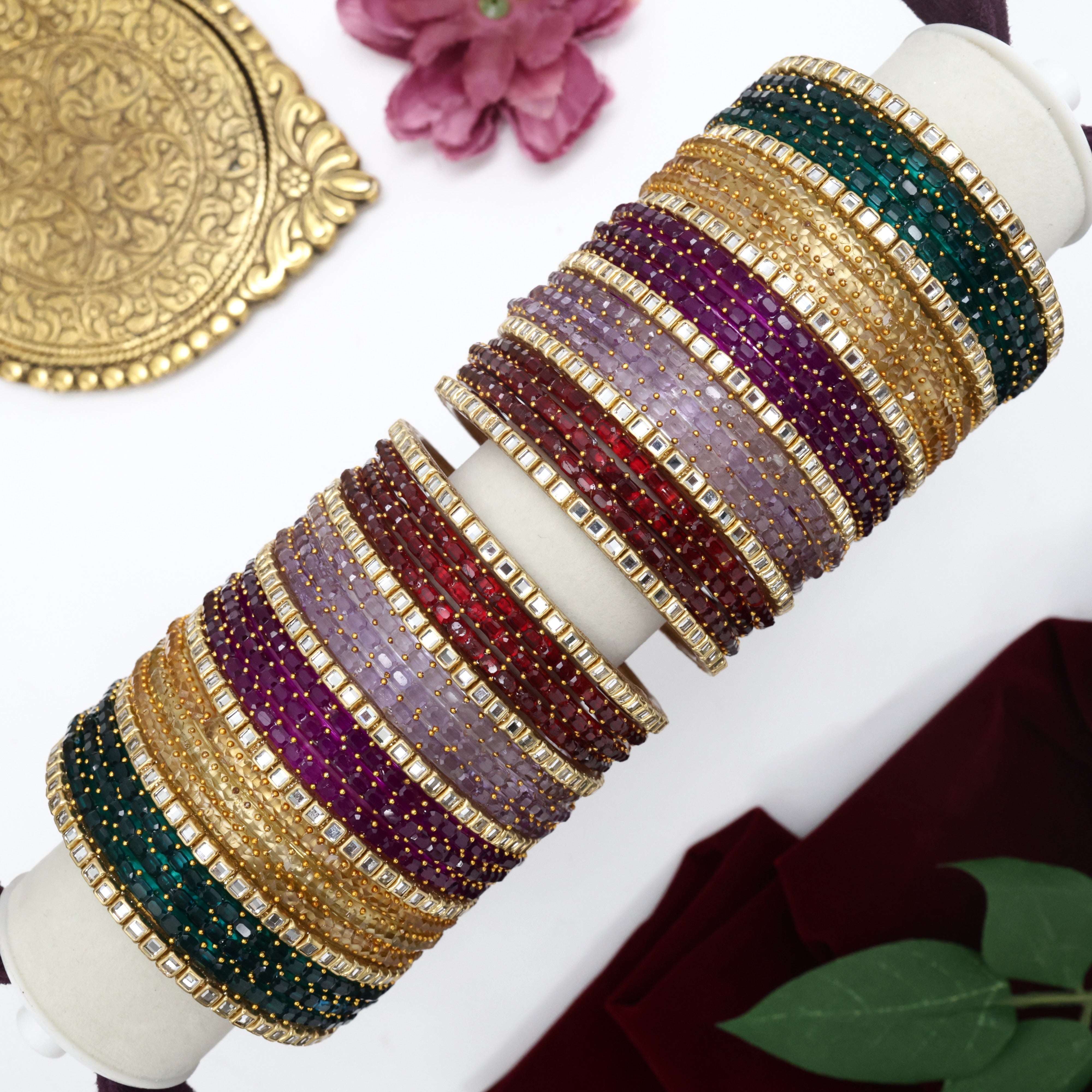 Premium Cube Cut Kundan 5 Colour Combo Valikappu/Function Glass Bangles Set - Size 2.6