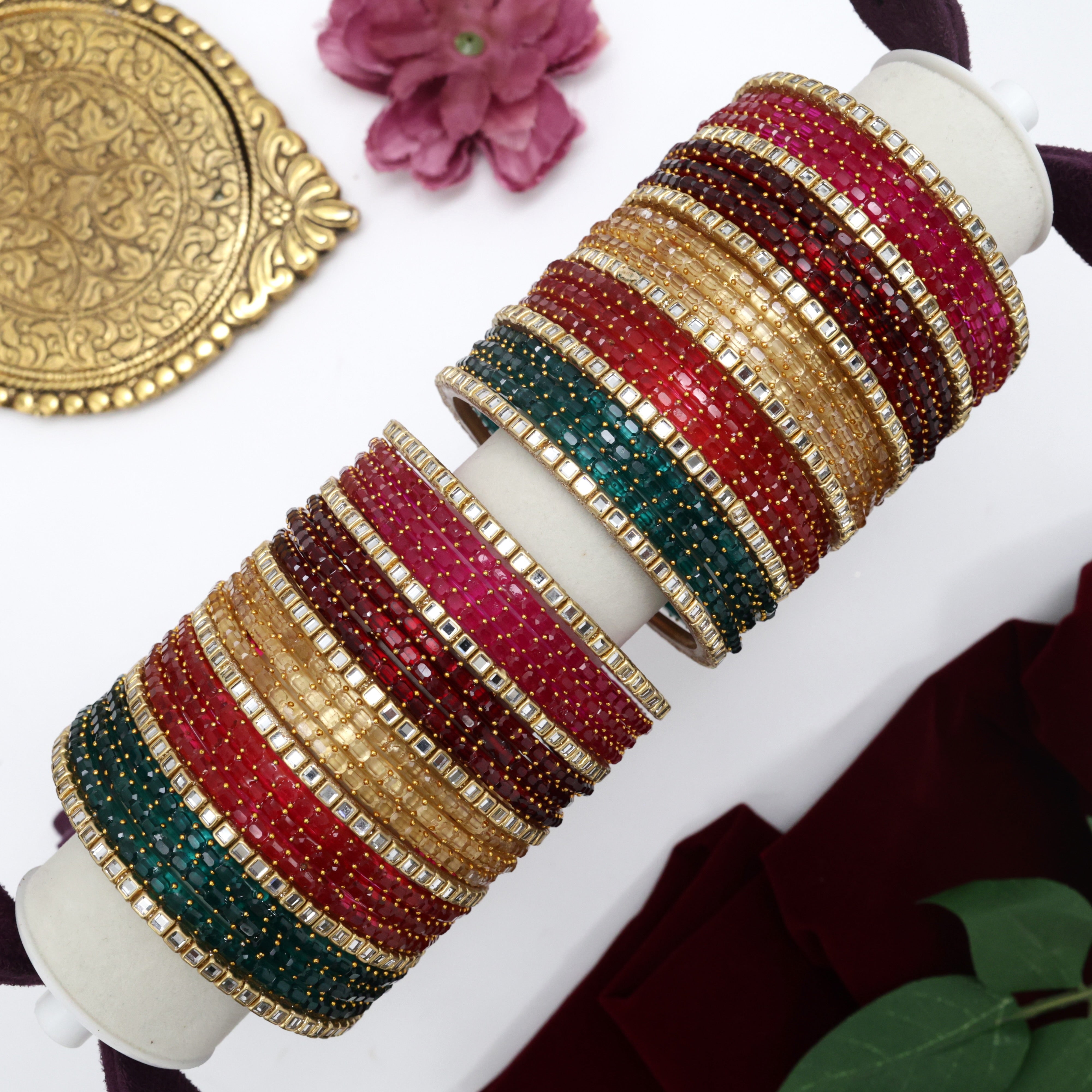 5 Colour Cube Cut Kundan Glass Bangles Valaikappu/Function Combo Set - Size: 2.8