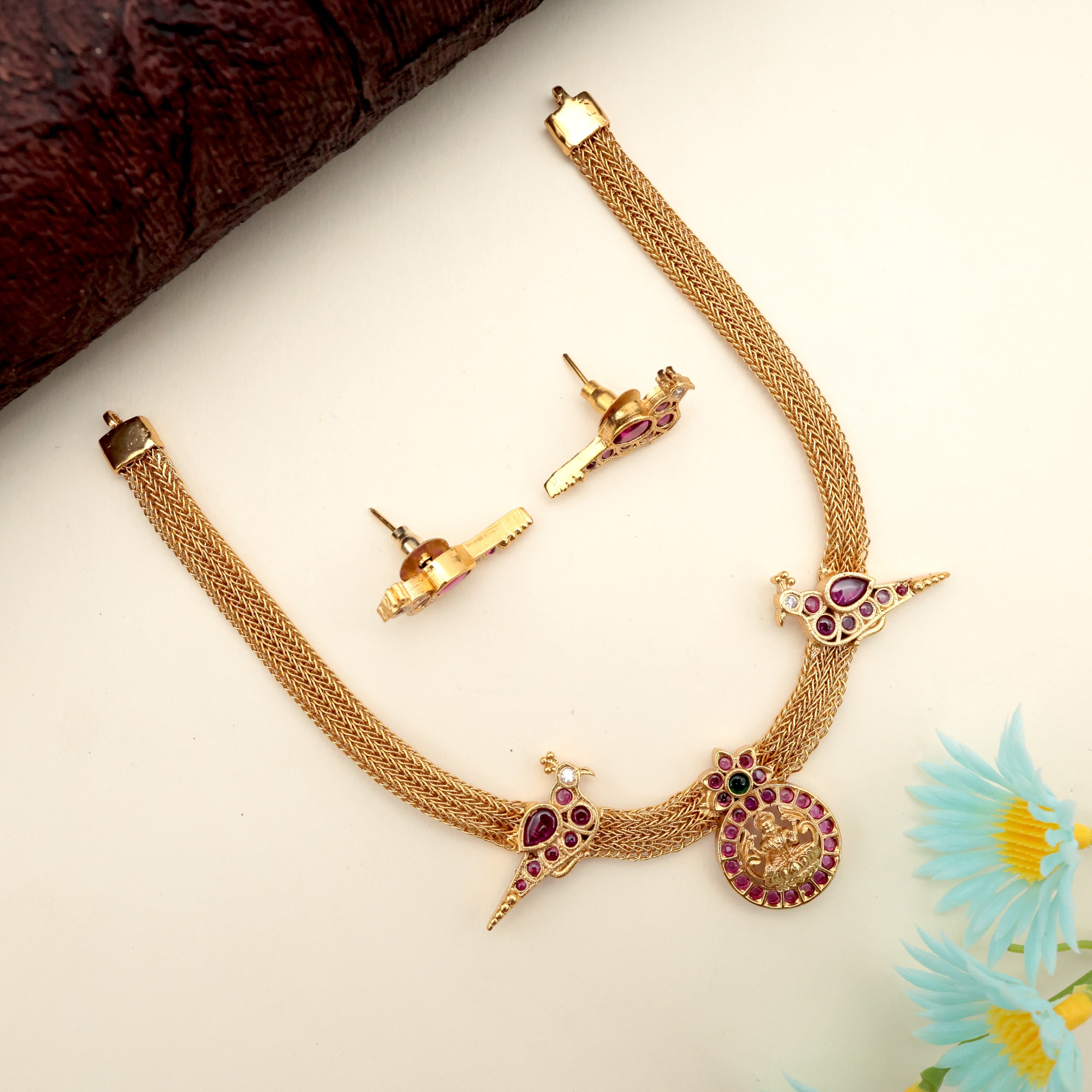 Antique Gold Coin Lakshmi Bird Short Necklace Set