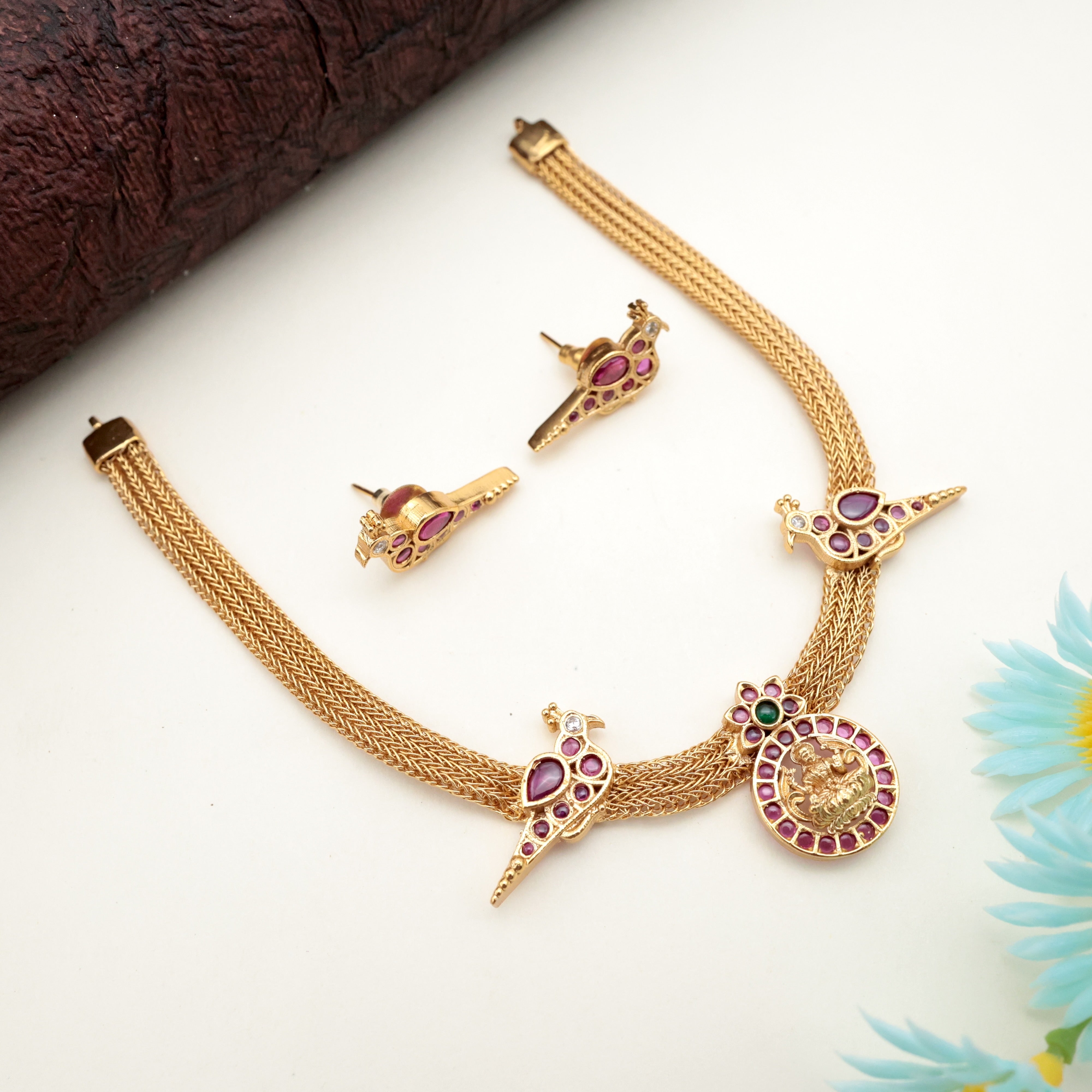 Antique Gold Coin Lakshmi Bird Short Necklace Set