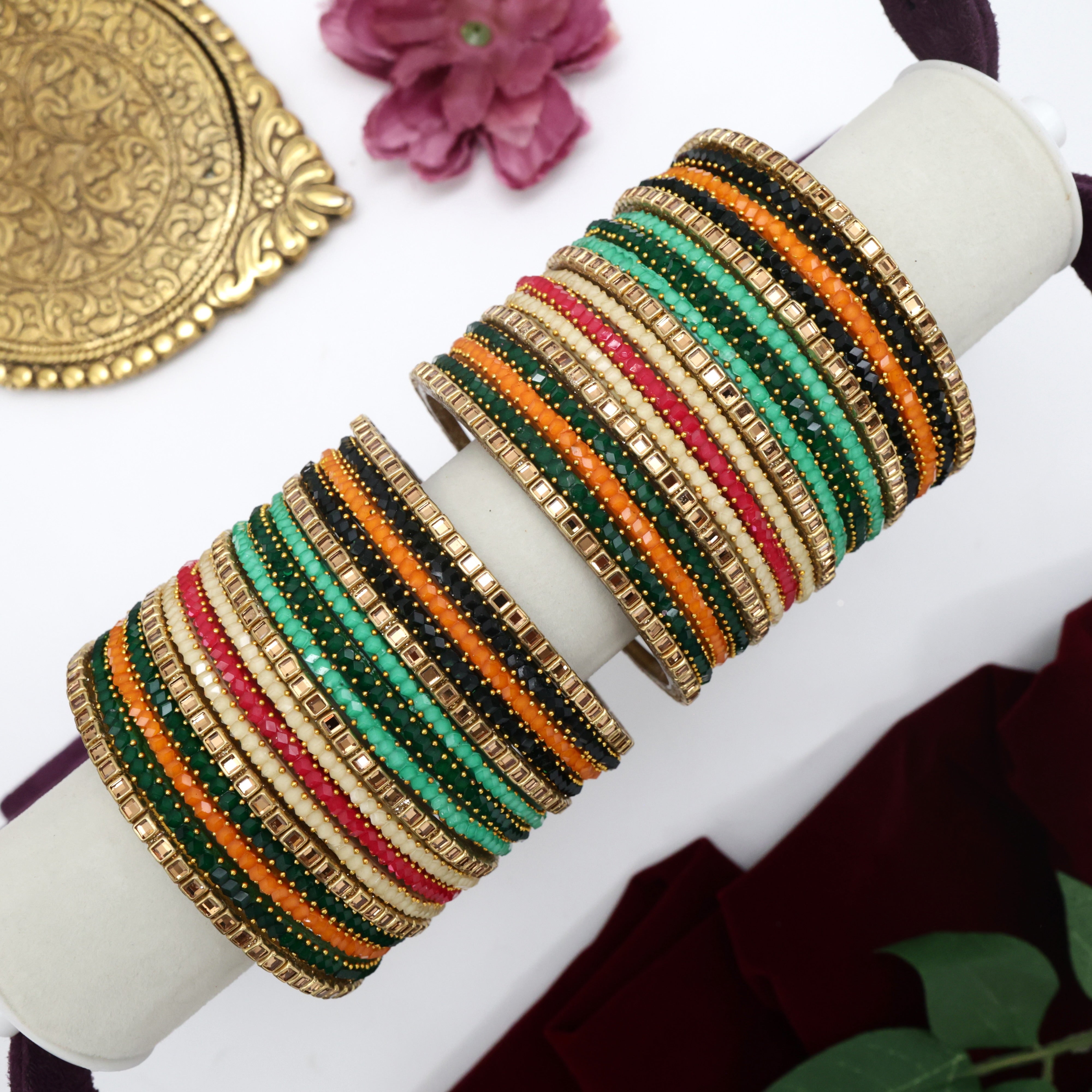 Premium Kundan Crystal Cut 5 Colour Valaikappu/Function Wear Glass Bangles Combo - Size 2.8