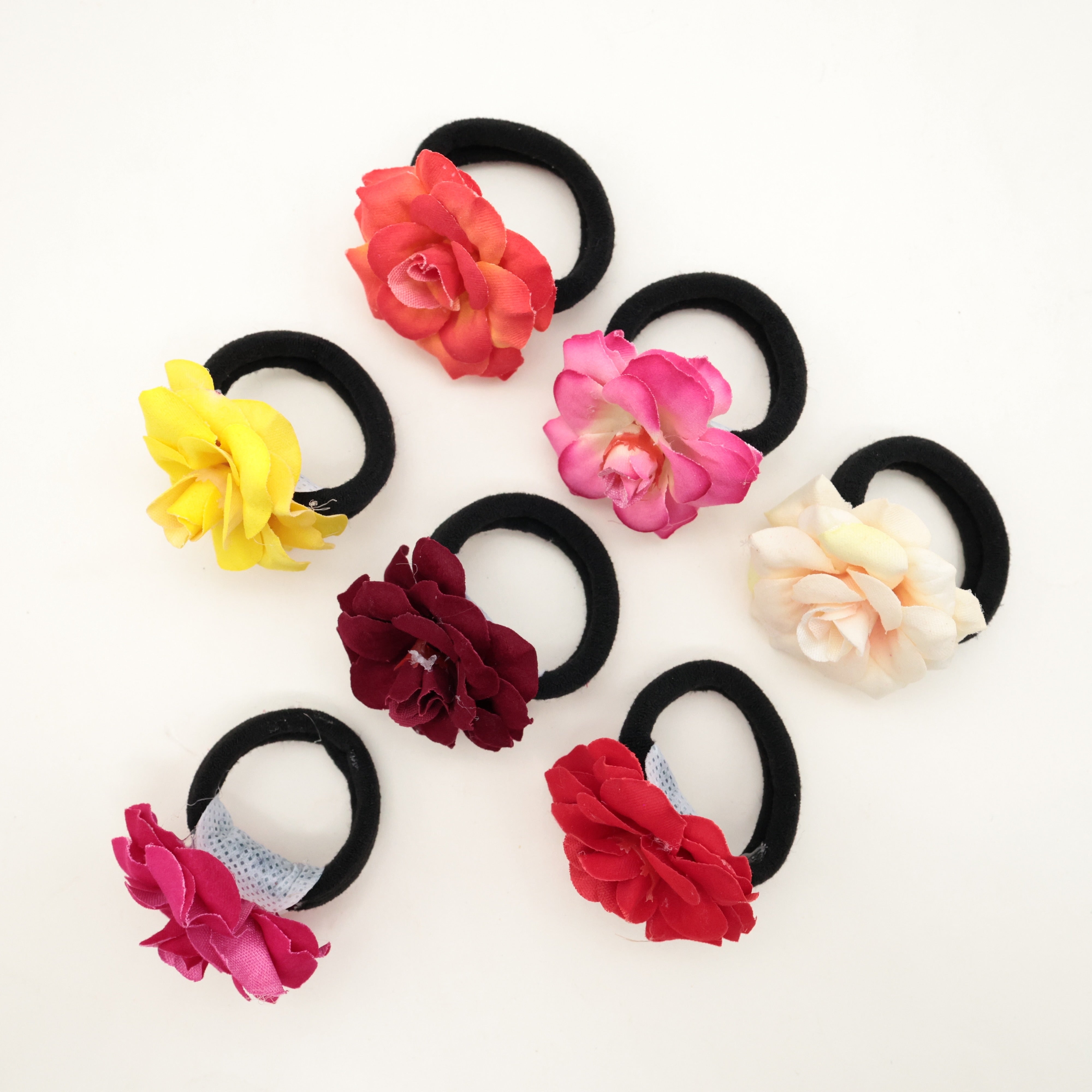 Pack of 7 Real Look Mini Rose Hair Bands (Assorted Colours) - Hair Ties For Women & Kids