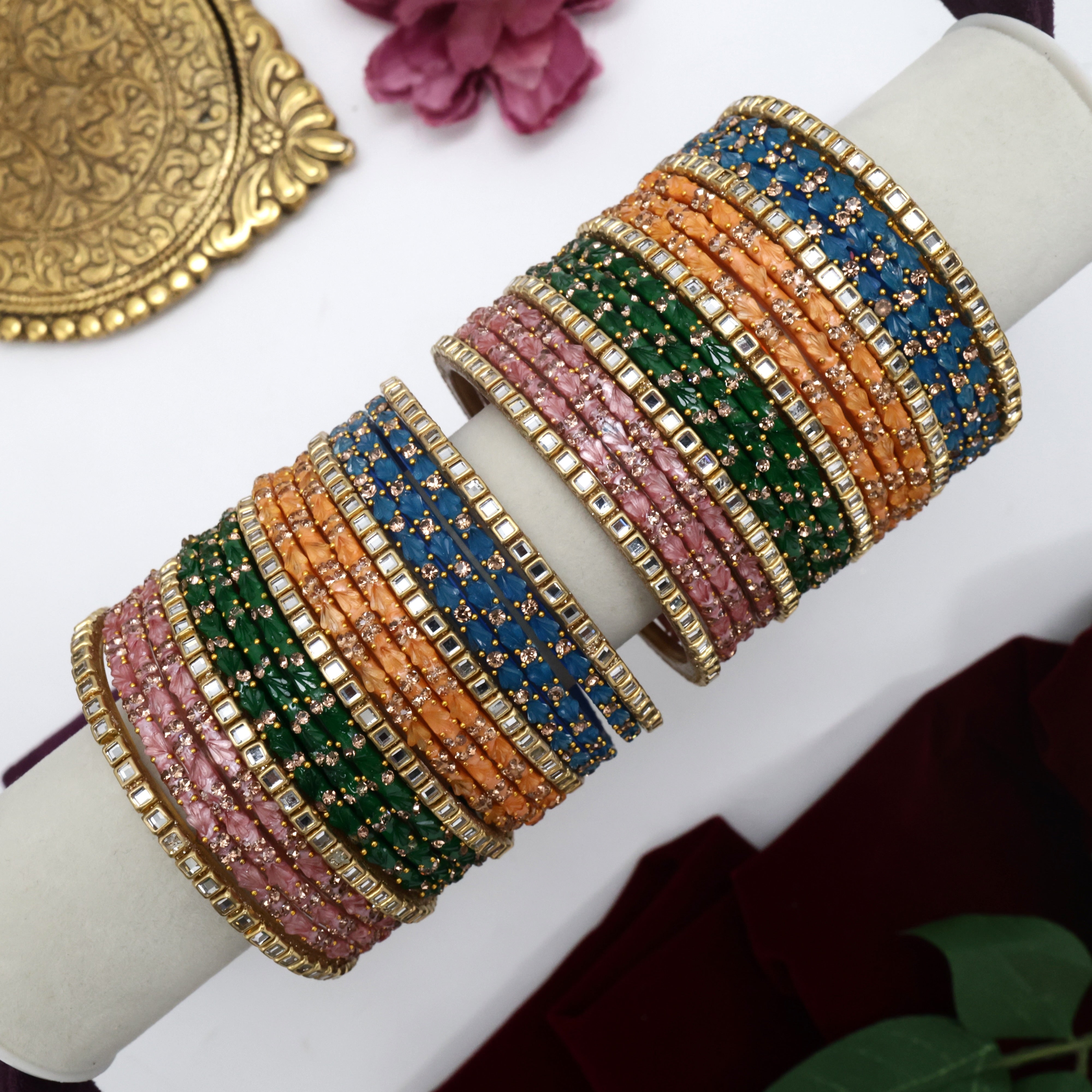 Tulip Kundan 4 Colours Combo Premium Glass Bangles Valaikappu/Function Set - Size 2.6