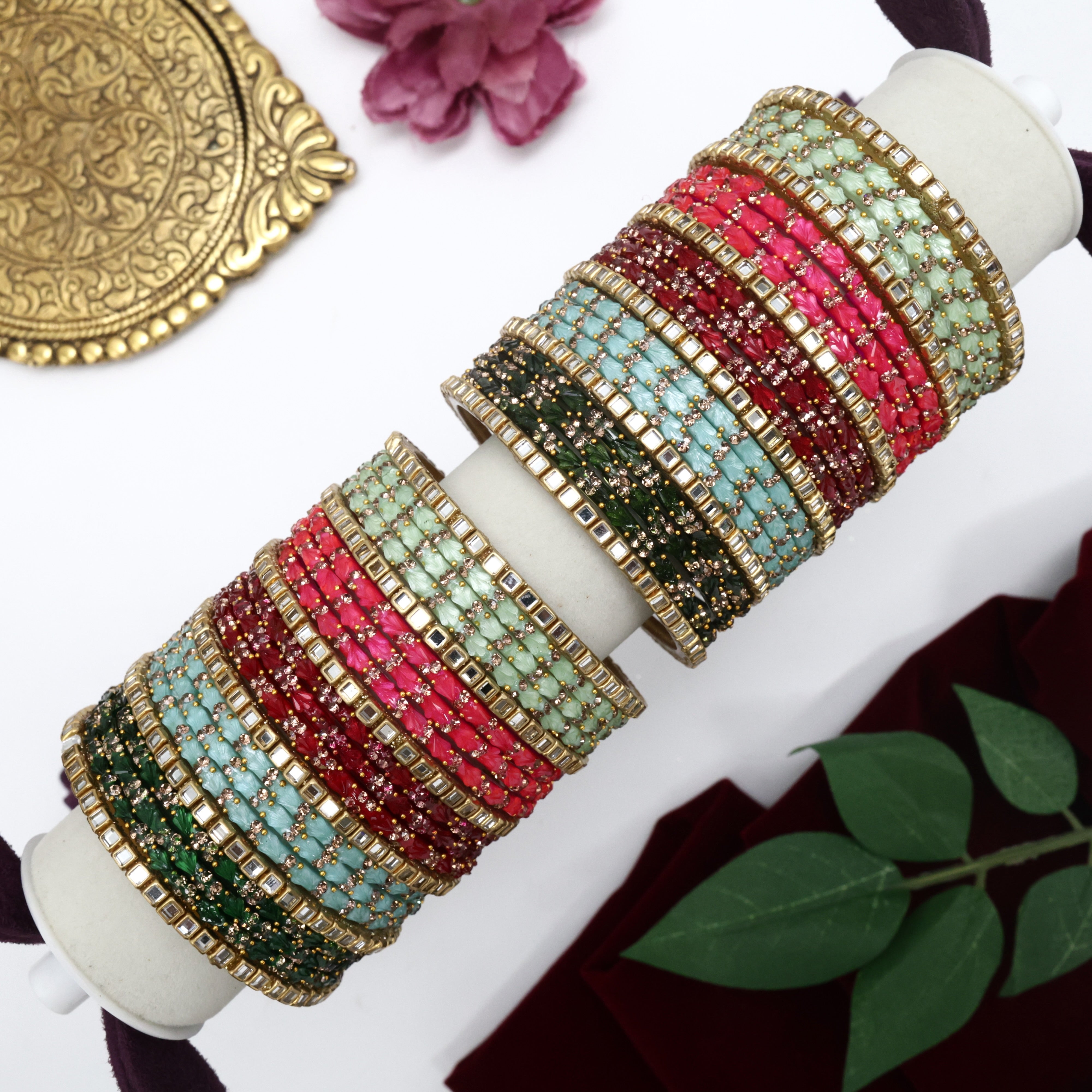 Tulip Kundan Glass Bangles Colourful Valaikppu/Function Set - Size 2.4