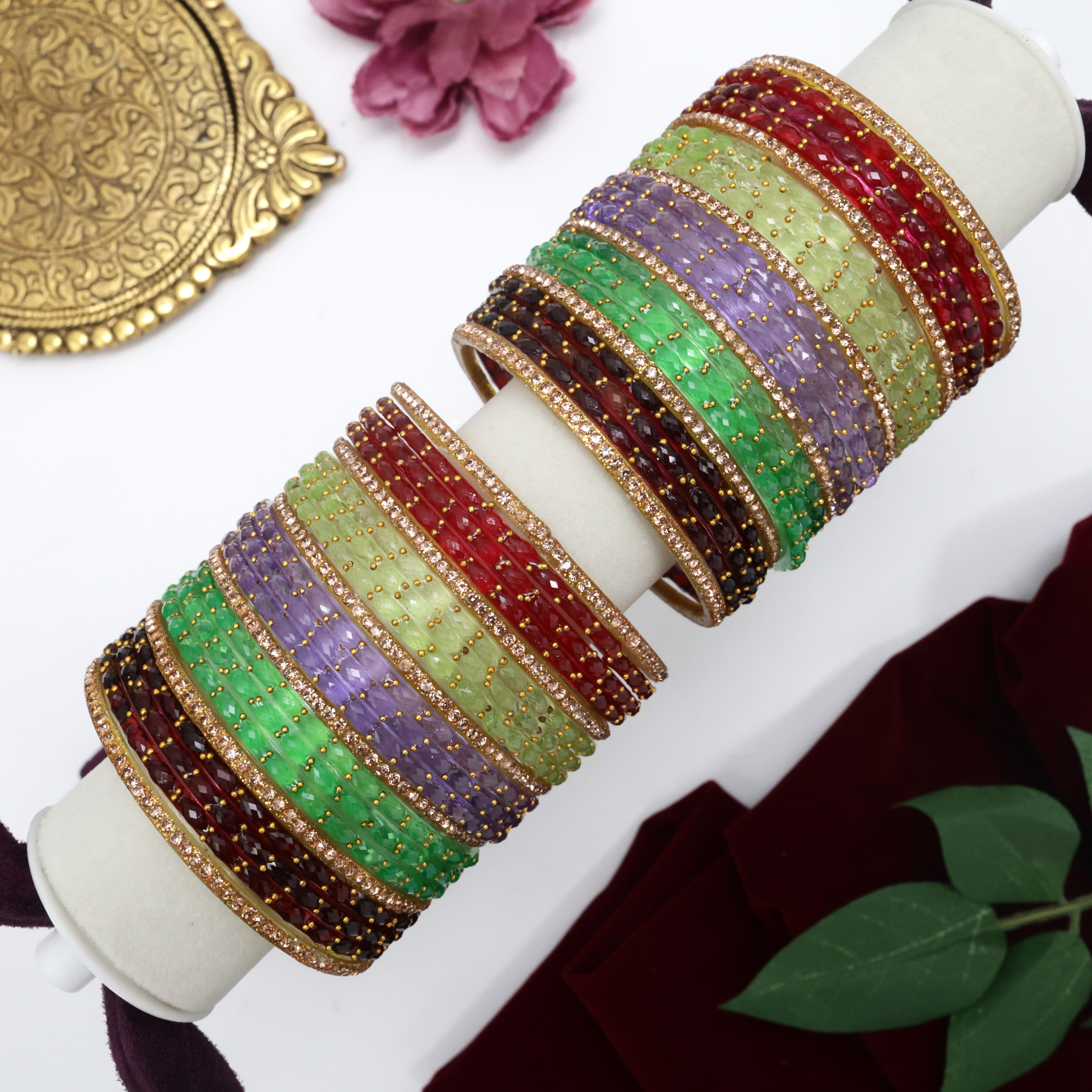 Premium Stone Work Raindrop 5 Colour Valaikappu/Function Glass Bangles Combo - Size 2.8