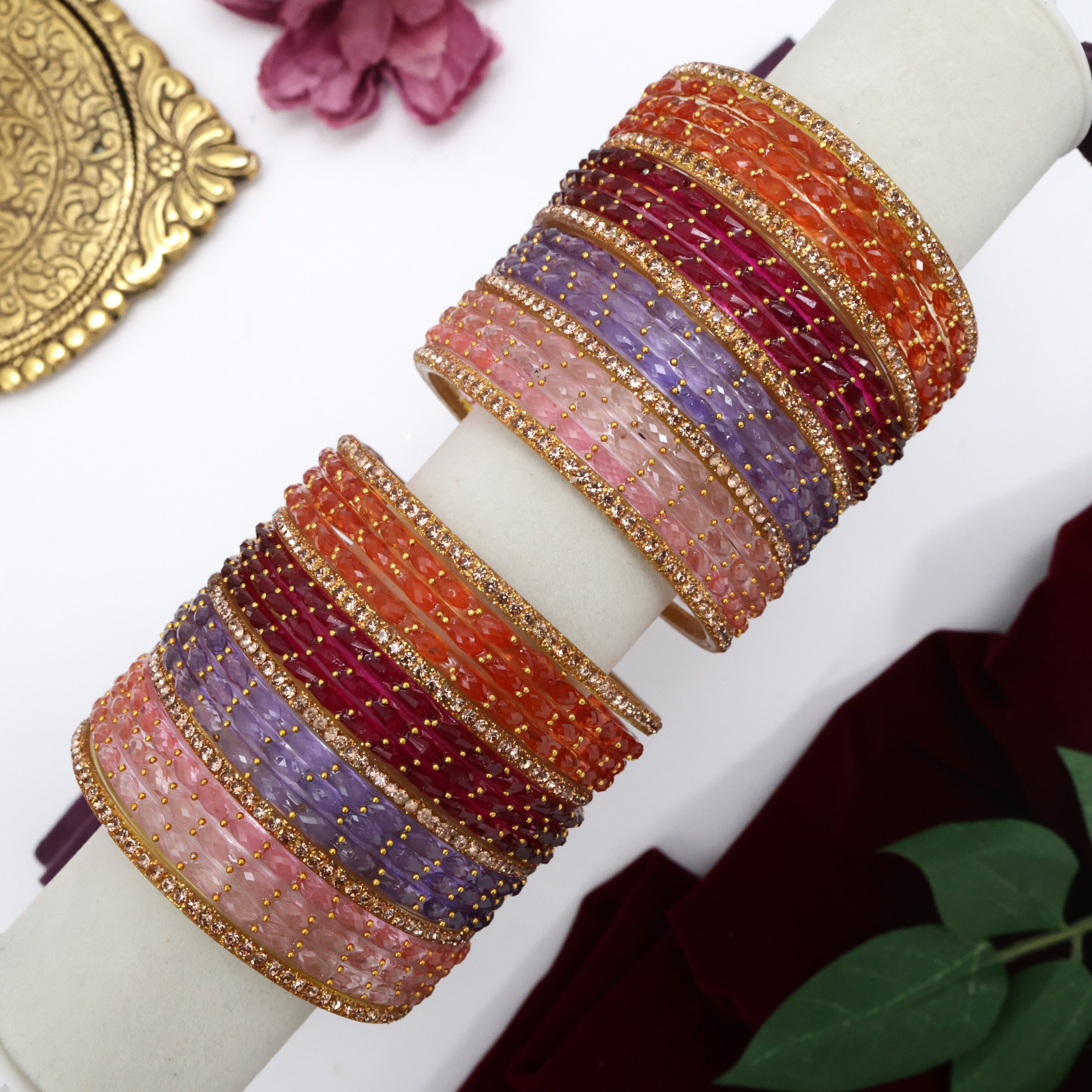 Stone Work Raindrop 4 Colour Valaikappu/Function Wear Glass Bangles Combo Set - Size 2.6